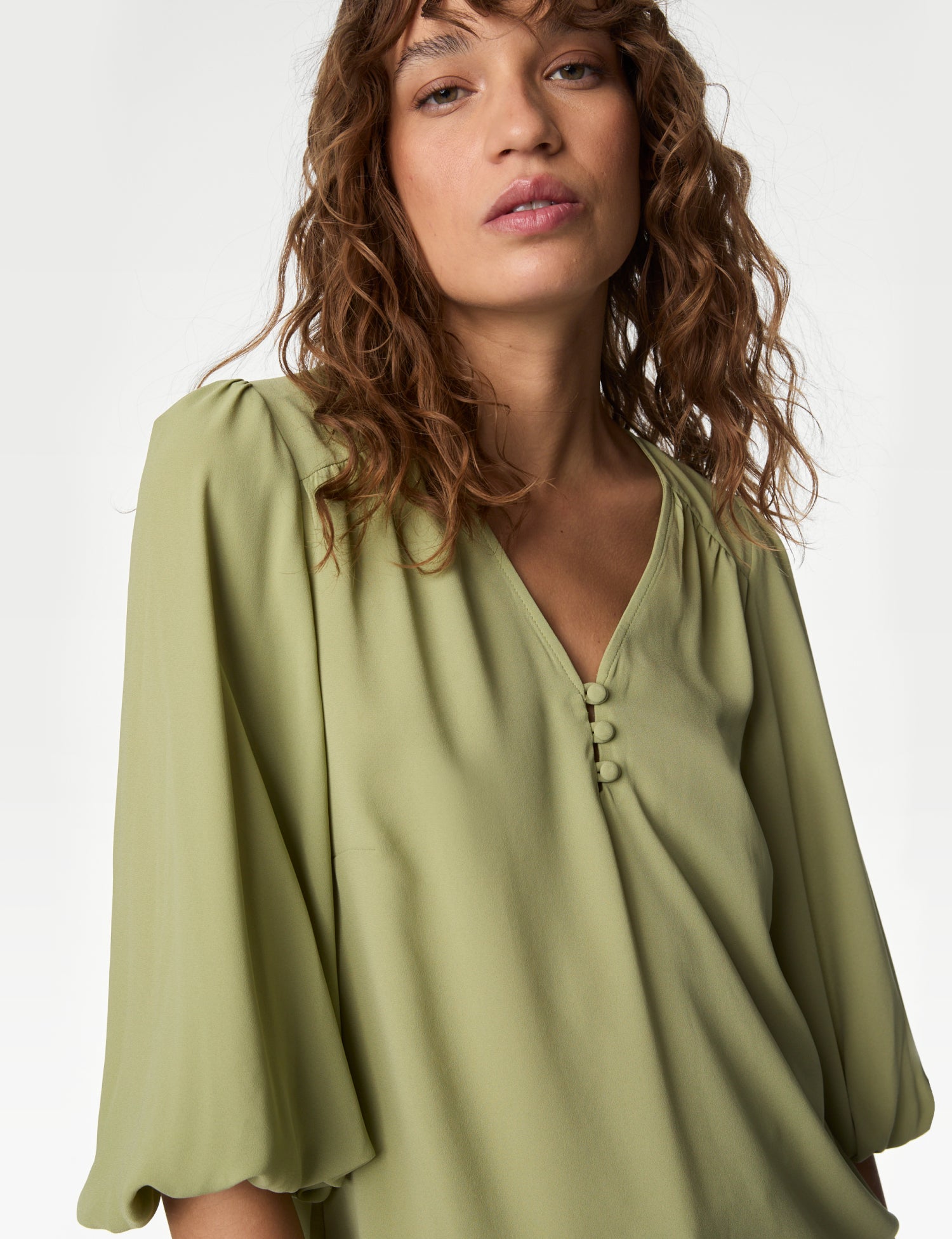 V-Neck Button Detail Blouson Sleeve Blouse