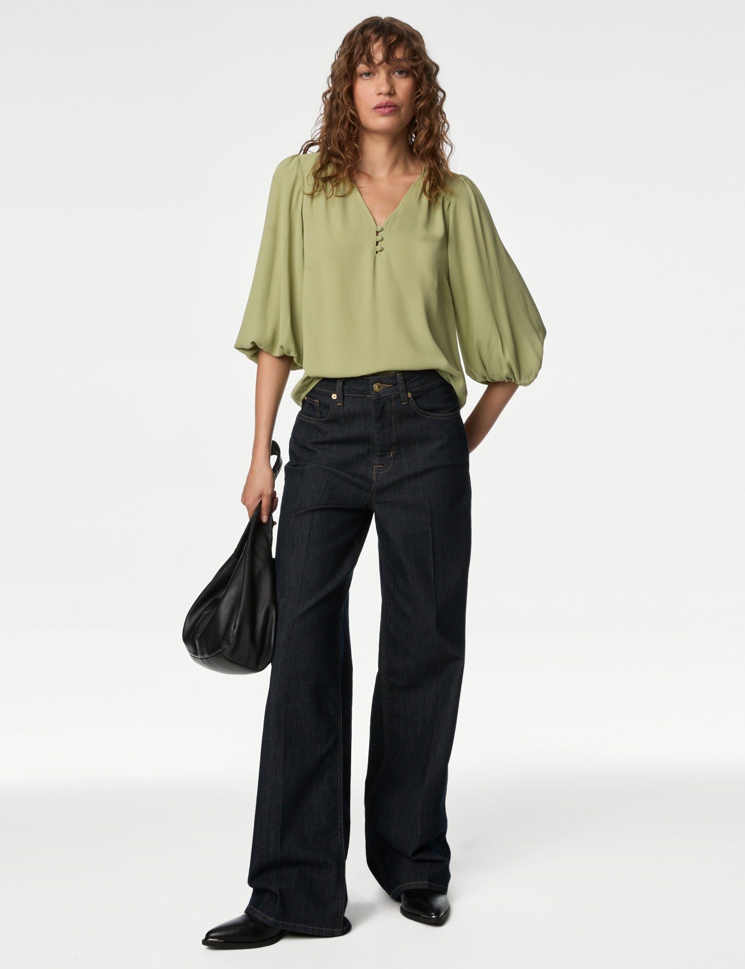 V-Neck Button Detail Blouson Sleeve Blouse