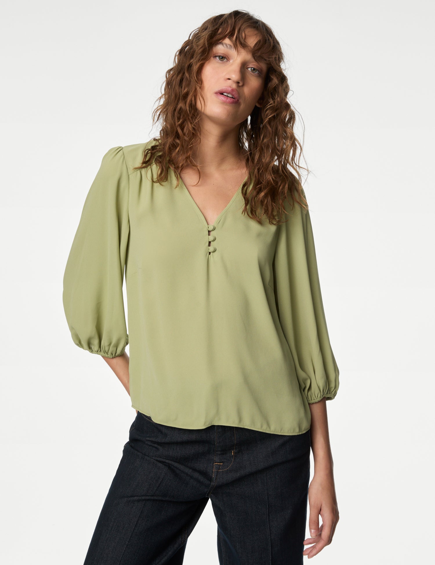 V-Neck Button Detail Blouson Sleeve Blouse