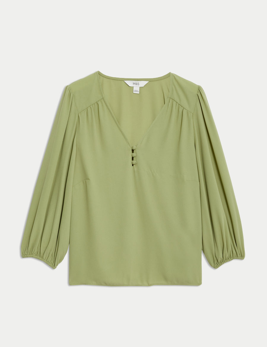 V-Neck Button Detail Blouson Sleeve Blouse