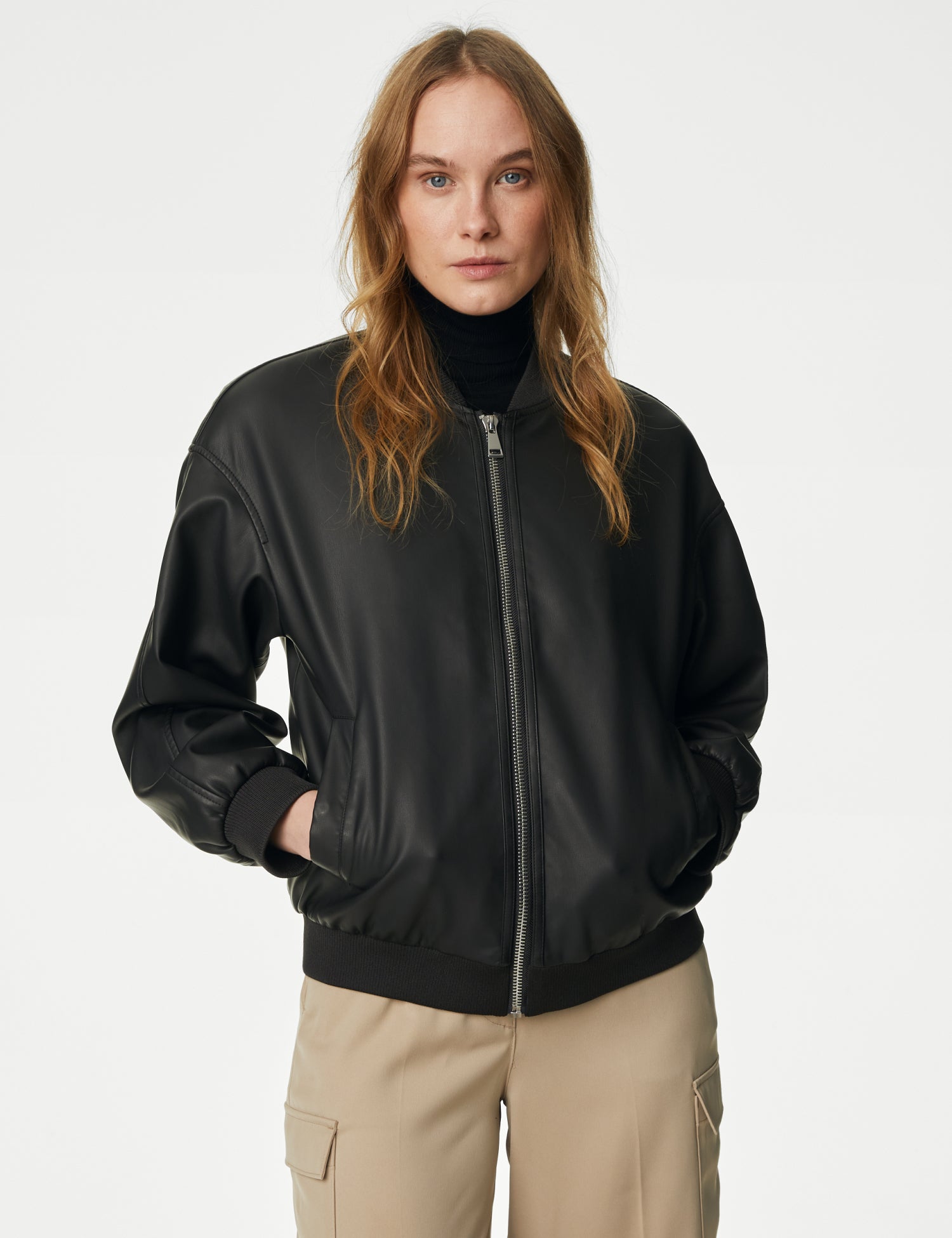 Faux Leather Relaxed Bomber Jacket