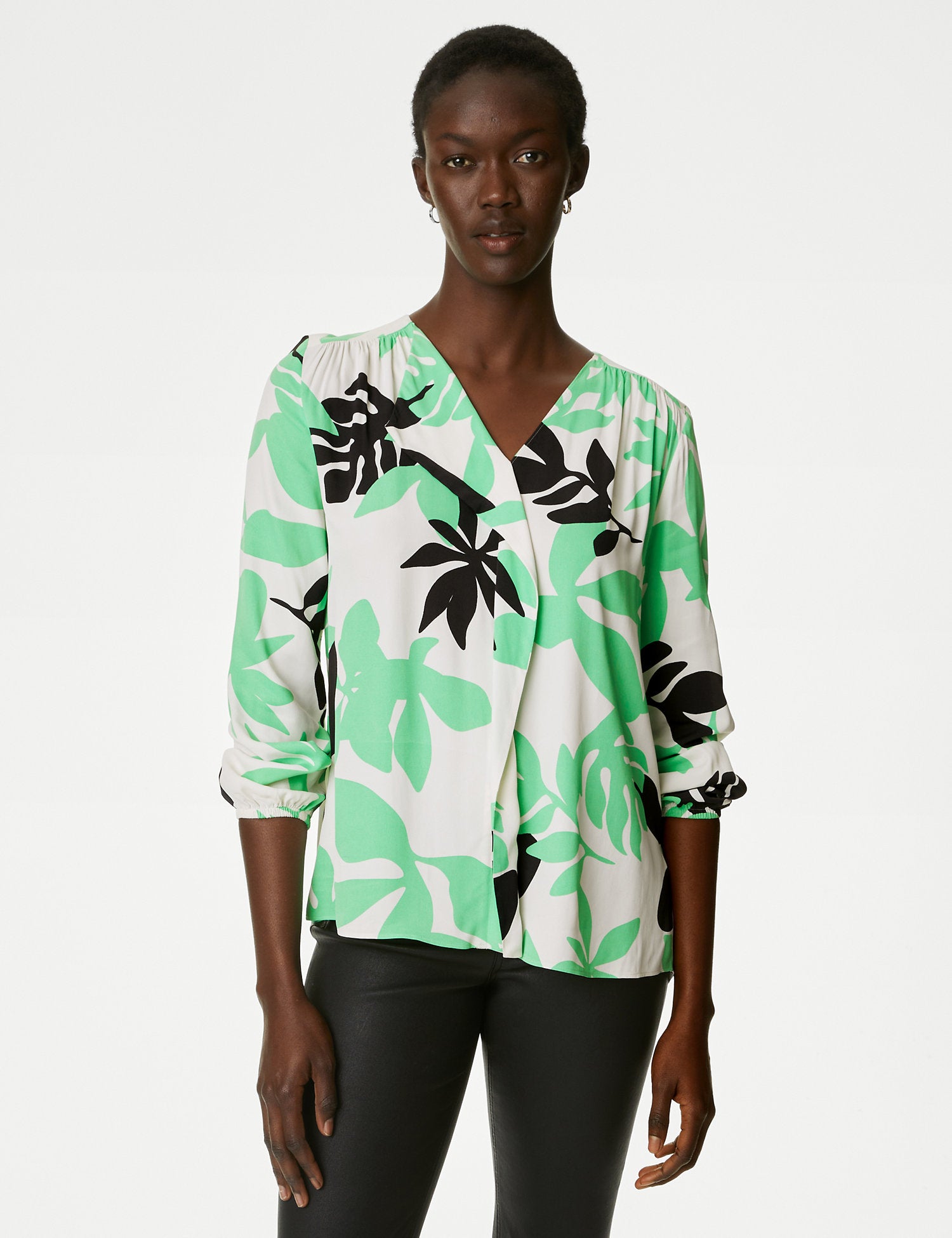 Leaf Print Draped V-Neck Blouse