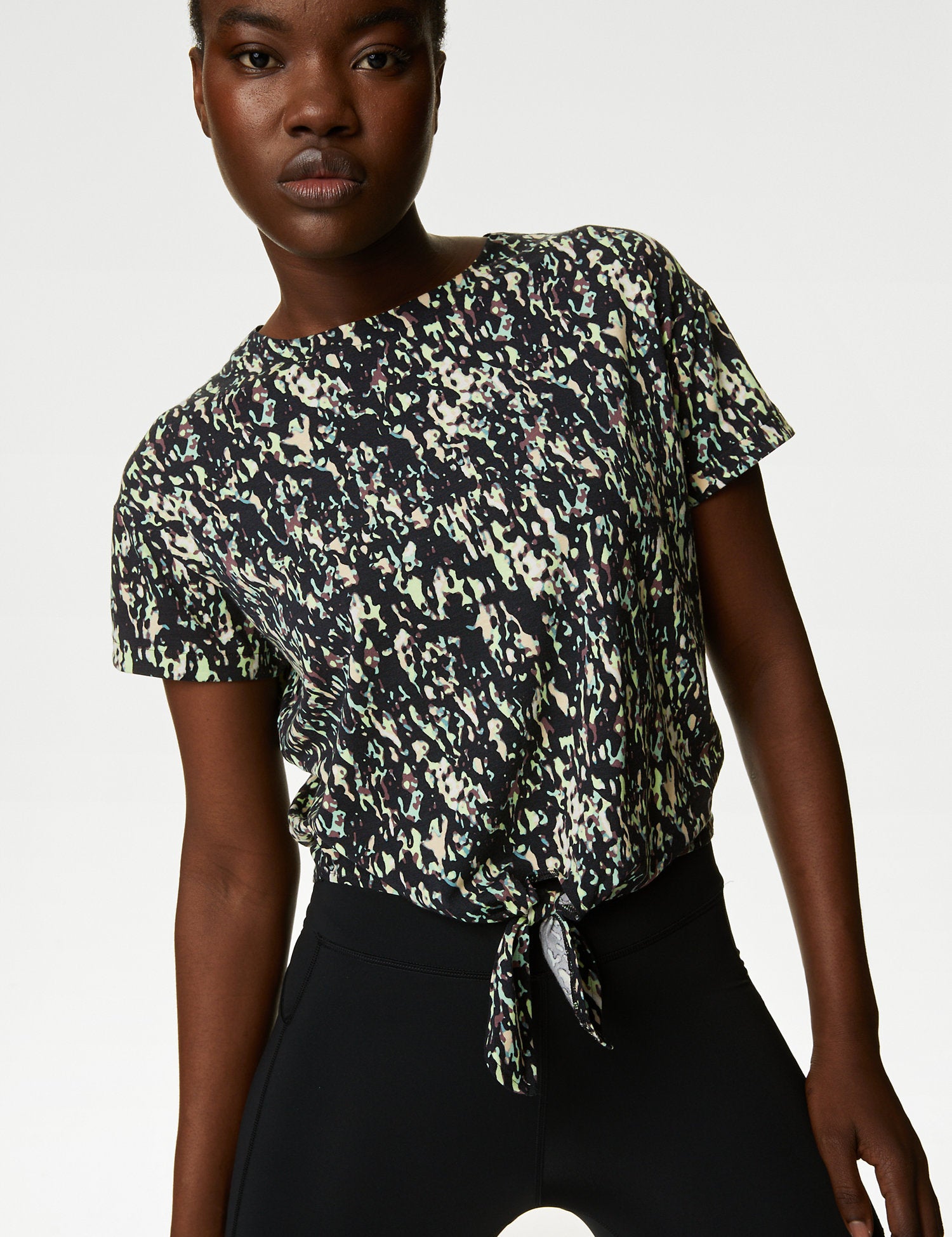 Printed Scoop Neck Tie Front Cropped Top