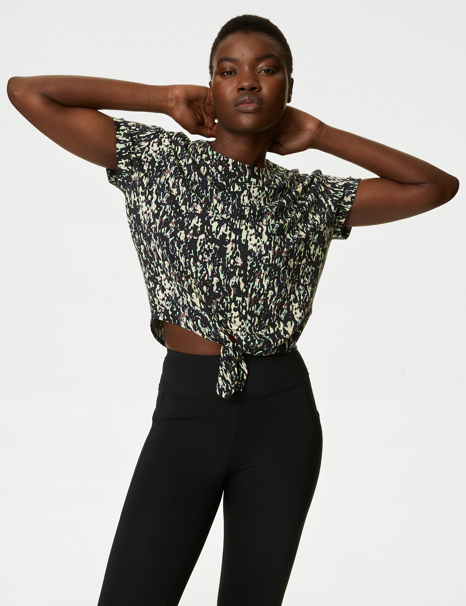 Printed Scoop Neck Tie Front Cropped Top