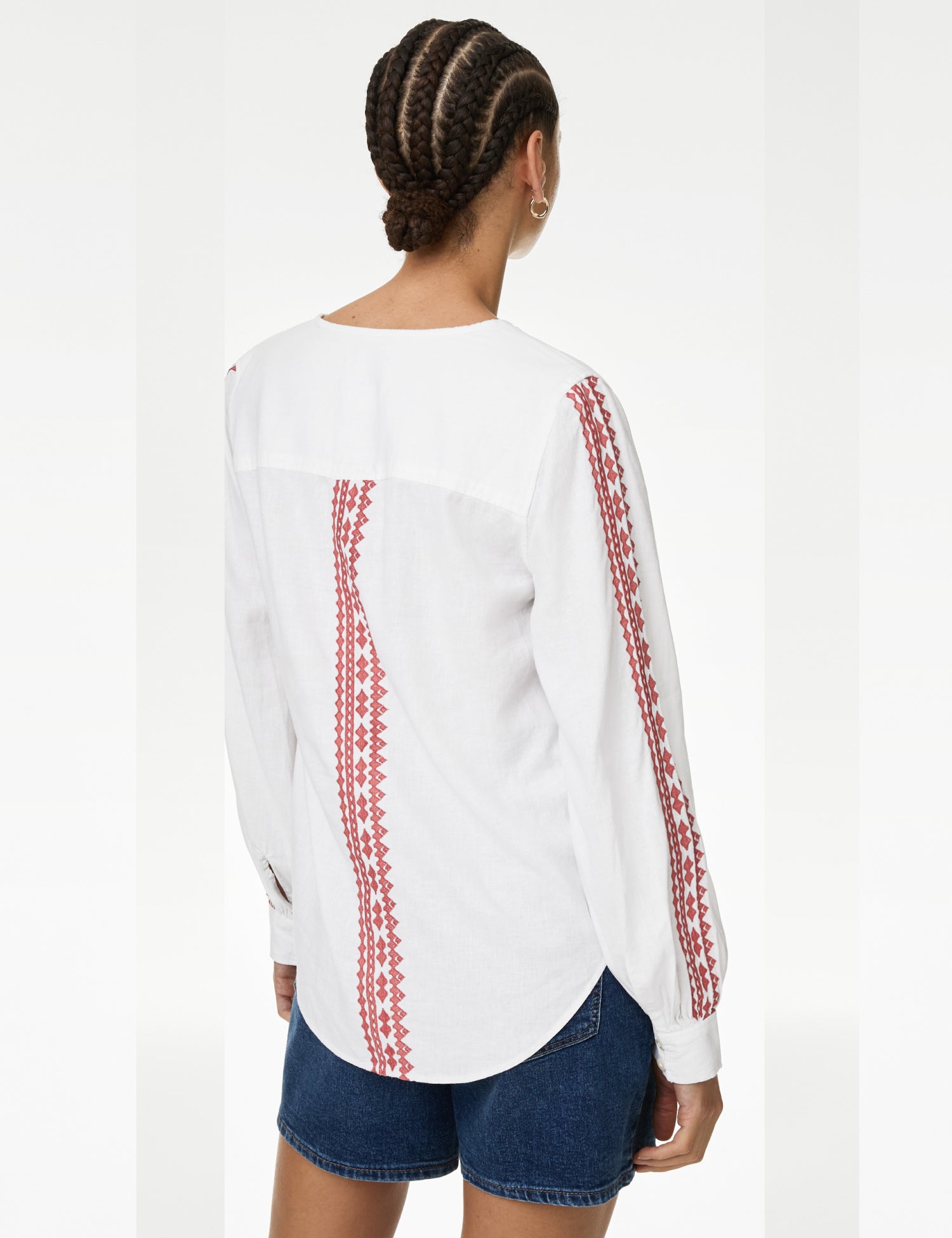 Linen Blend Embroidered Tie Neck Blouse