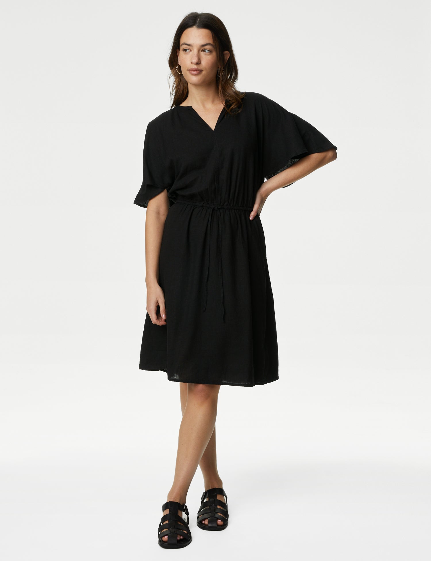 Linen Blend V-Neck Knee Length Swing Dress