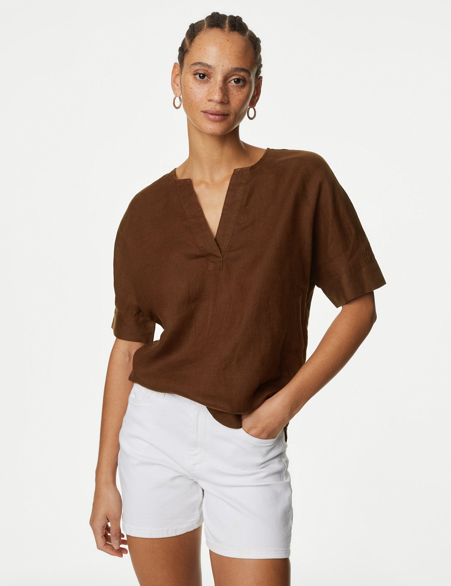 Pure Linen V-Neck Popover Blouse