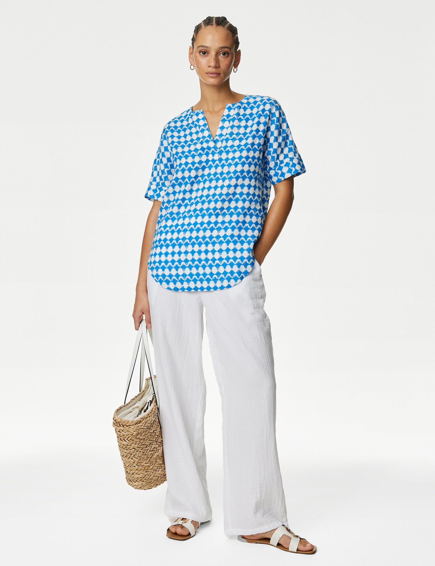 Pure Linen Printed V-Neck Popover Blouse