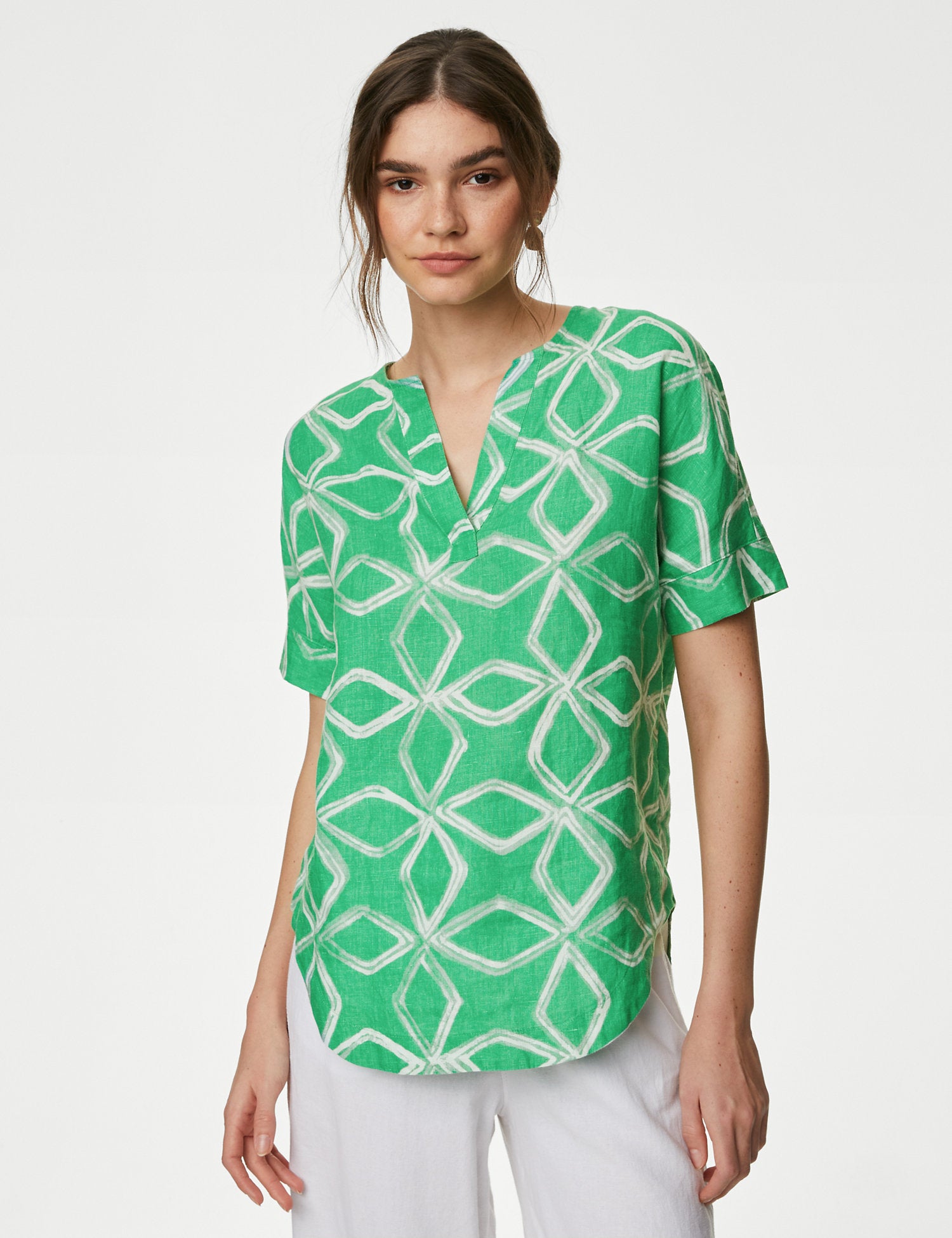 Pure Linen Printed V-Neck Popover Blouse