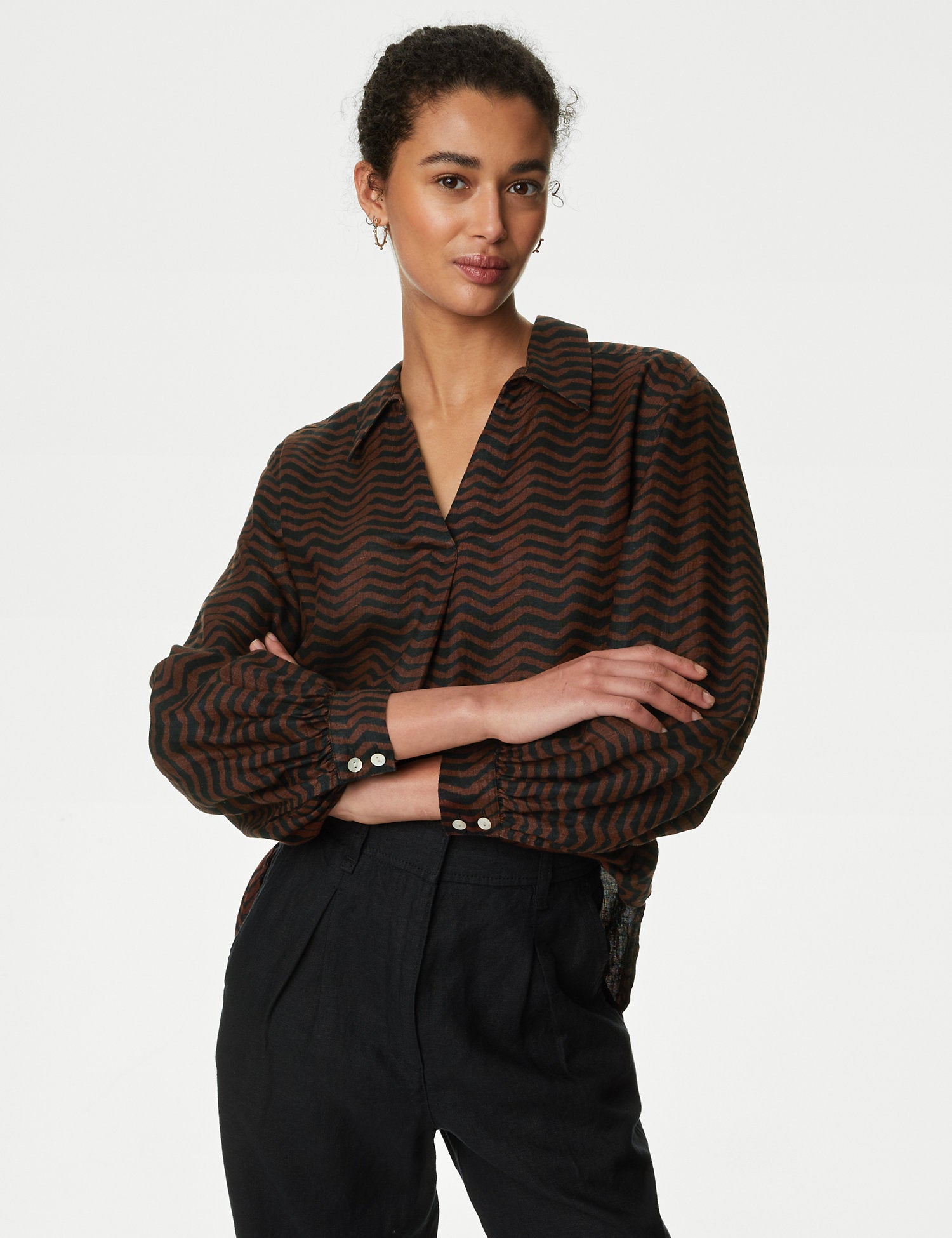Pure Linen Printed Collared Popover Blouse