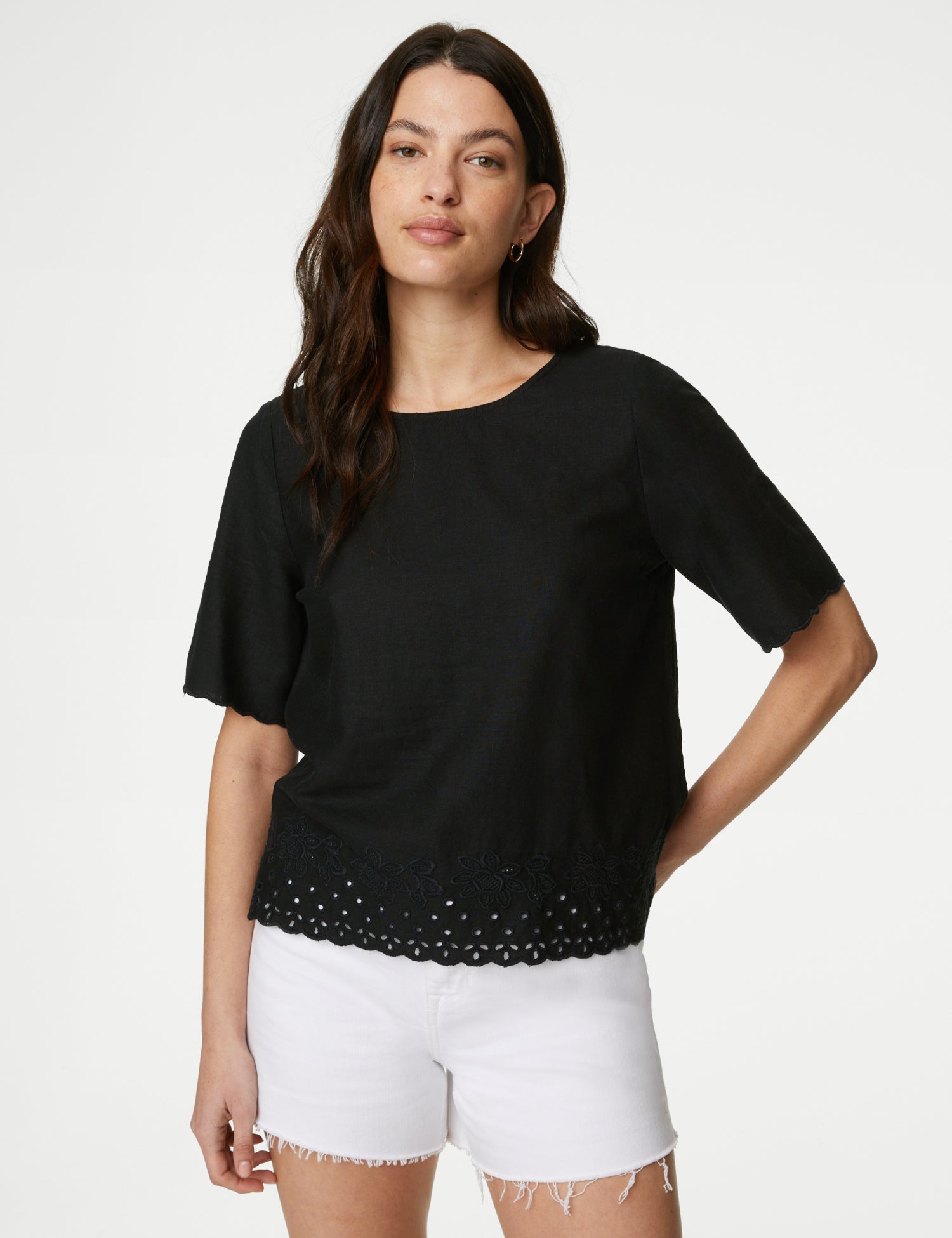 Linen Rich Broderie Regular Fit Top