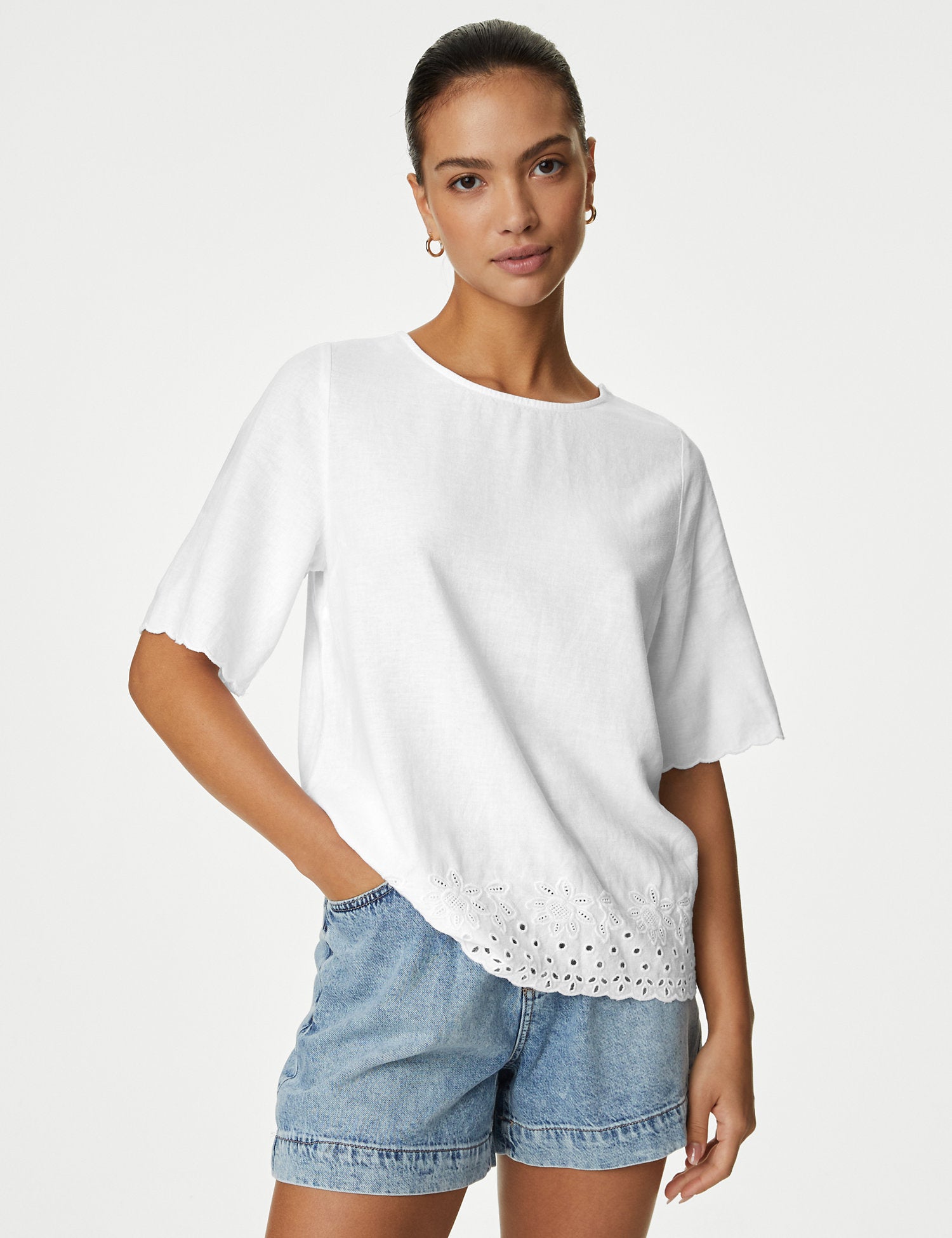 Linen Rich Broderie Regular Fit Top