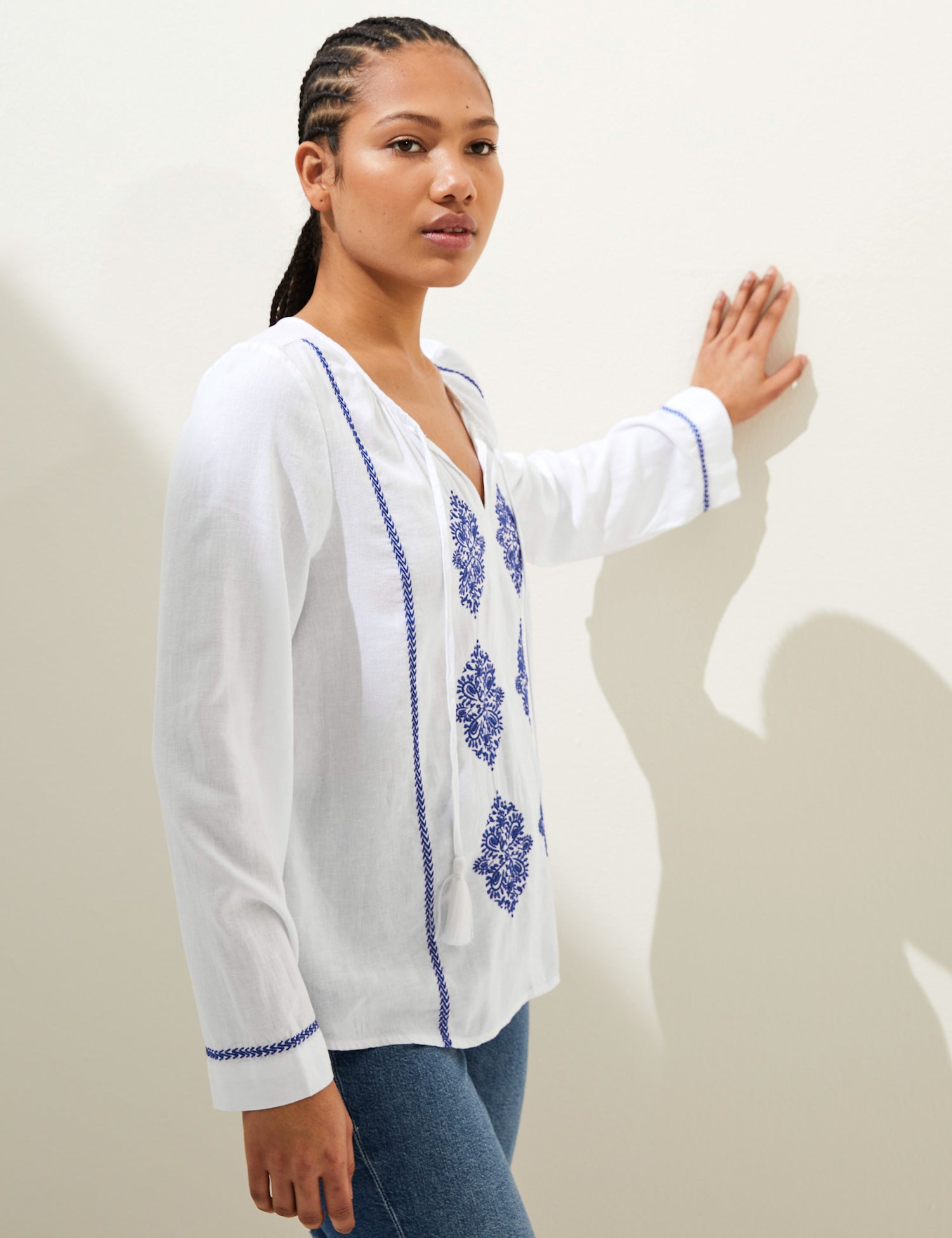 Linen Rich Embroidered Tie Neck Blouse