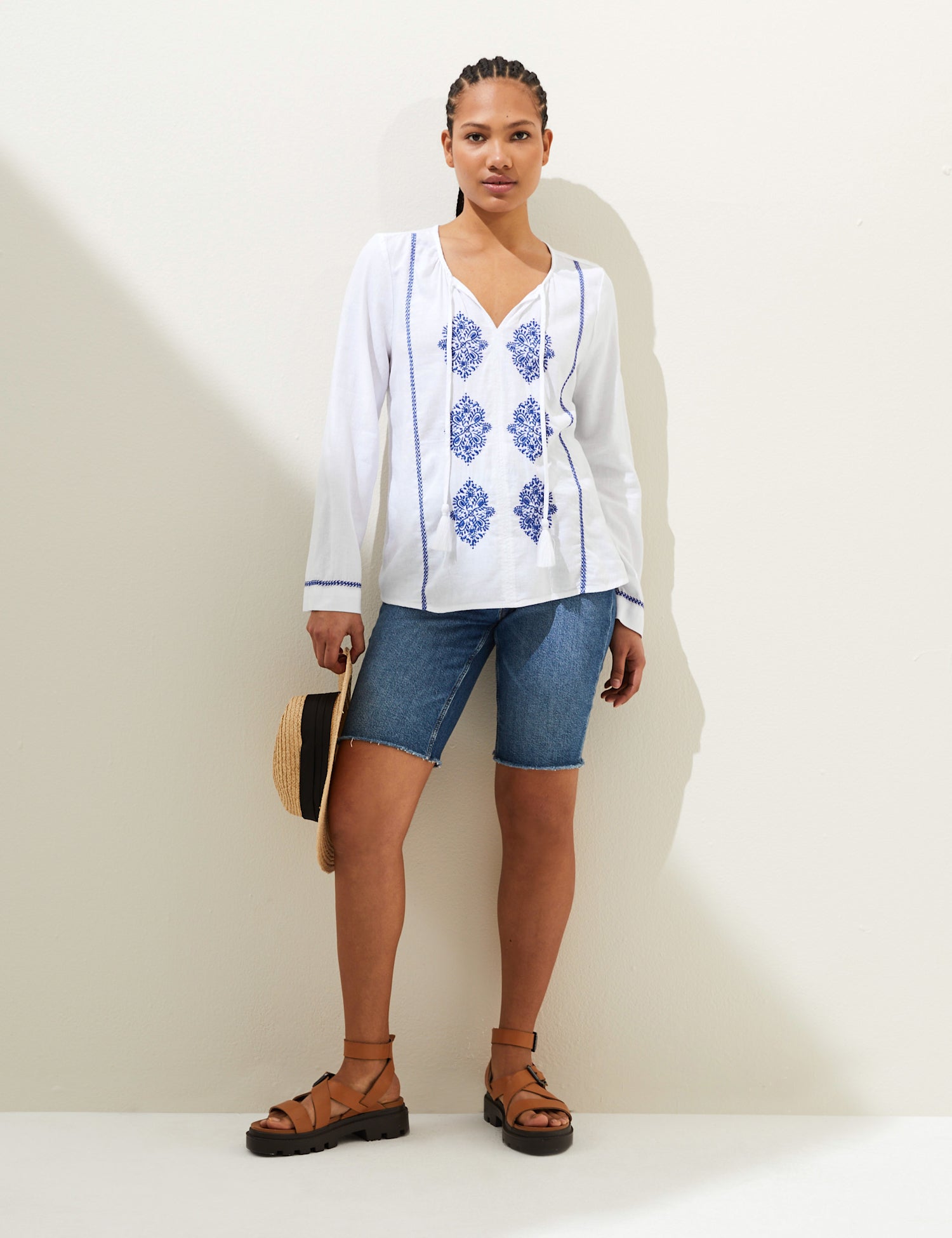 Linen Rich Embroidered Tie Neck Blouse