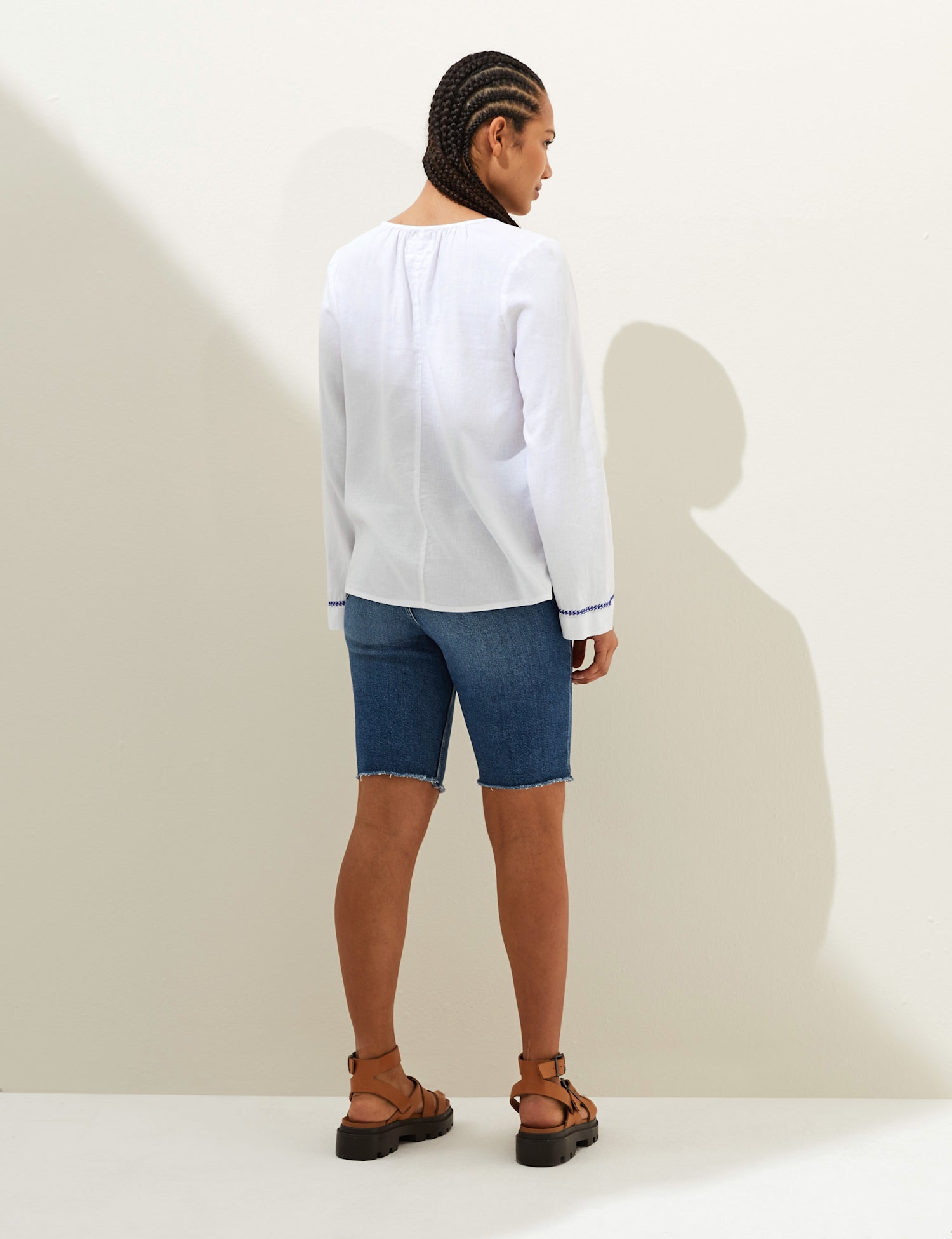 Linen Rich Embroidered Tie Neck Blouse