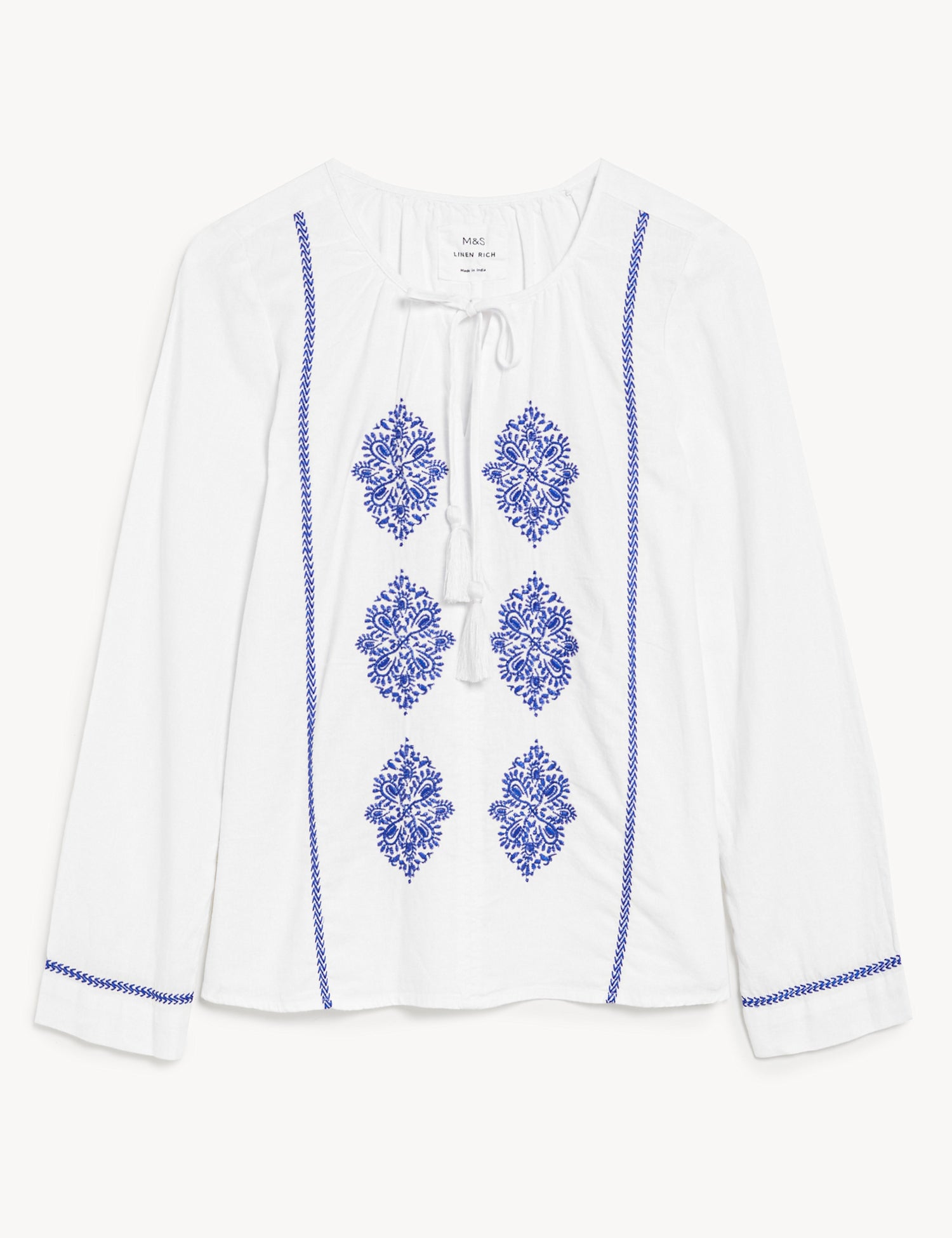 Linen Rich Embroidered Tie Neck Blouse
