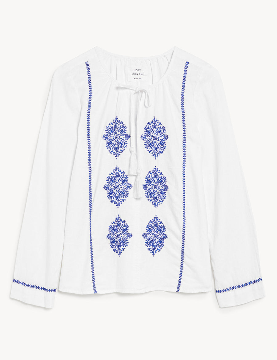 Linen Rich Embroidered Tie Neck Blouse