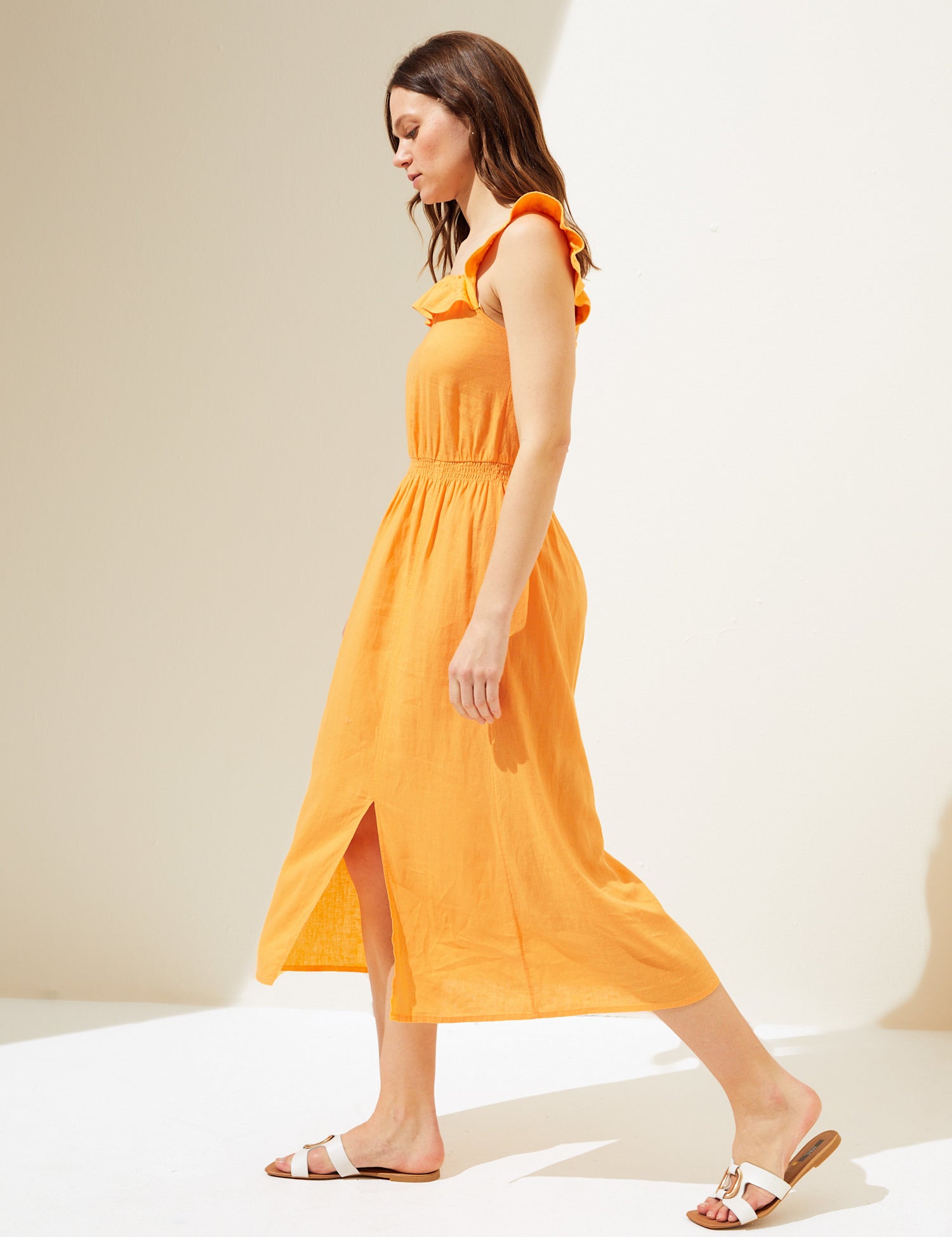 Linen Blend Square Neck Midi Waisted Dress