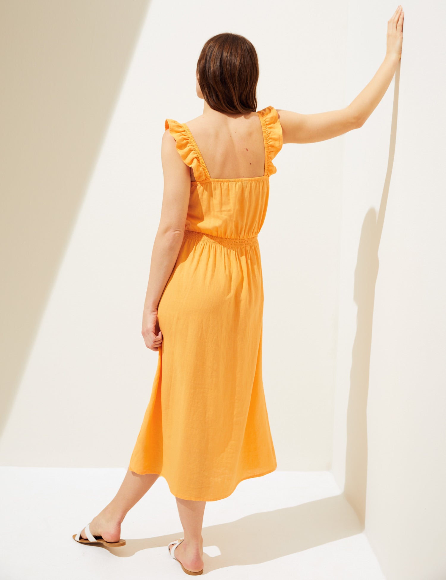 Linen Blend Square Neck Midi Waisted Dress