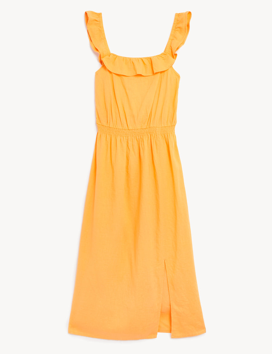 Linen Blend Square Neck Midi Waisted Dress