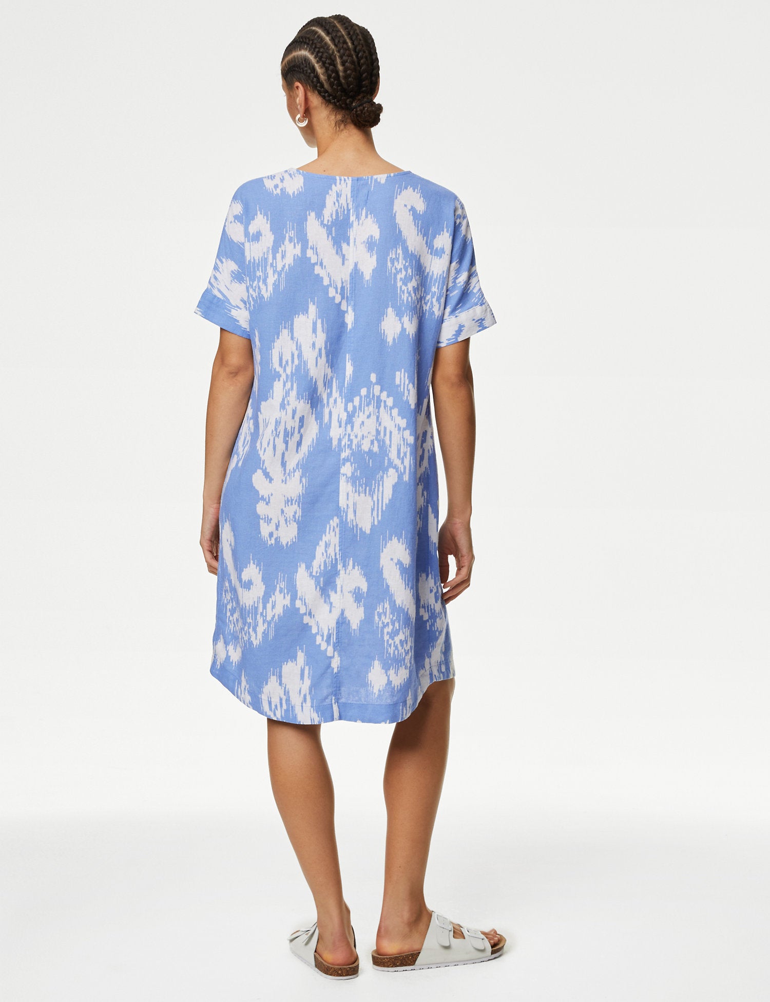 Linen Rich Printed V-Neck Shift Dress