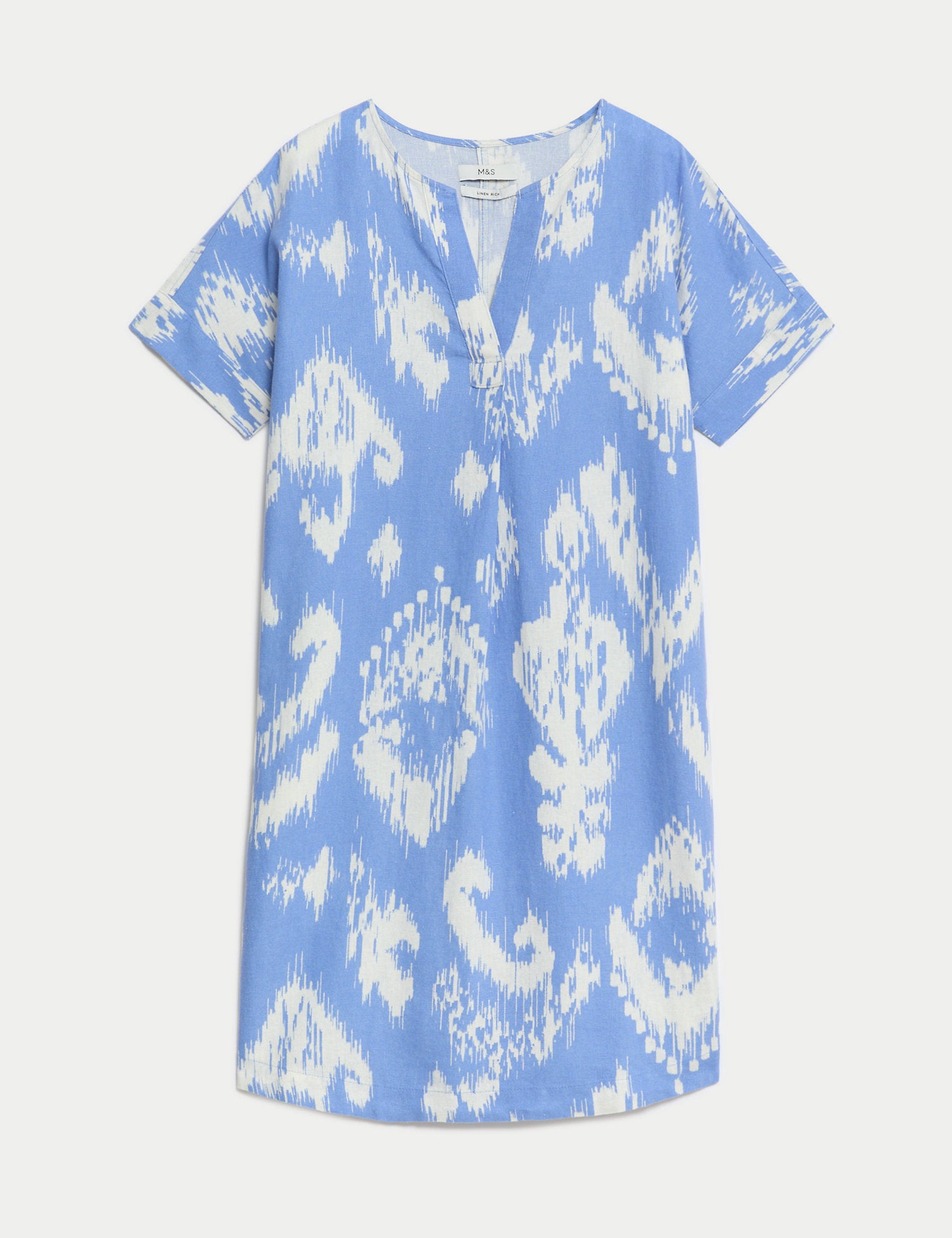 Linen Rich Printed V-Neck Shift Dress