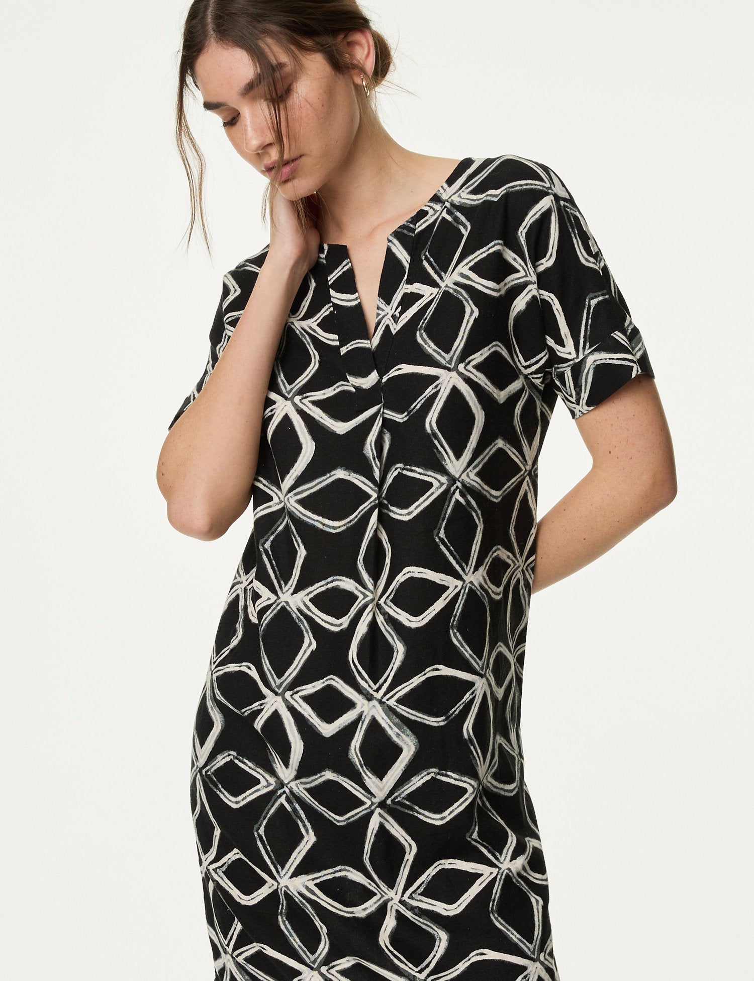 Linen Rich Printed V-Neck Shift Dress