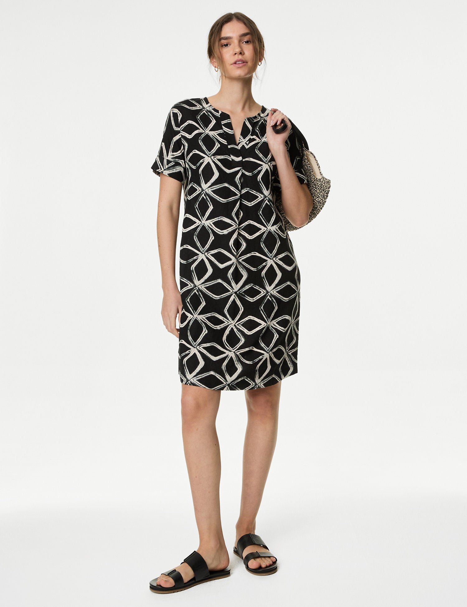 Linen Rich Printed V Neck Shift Dress