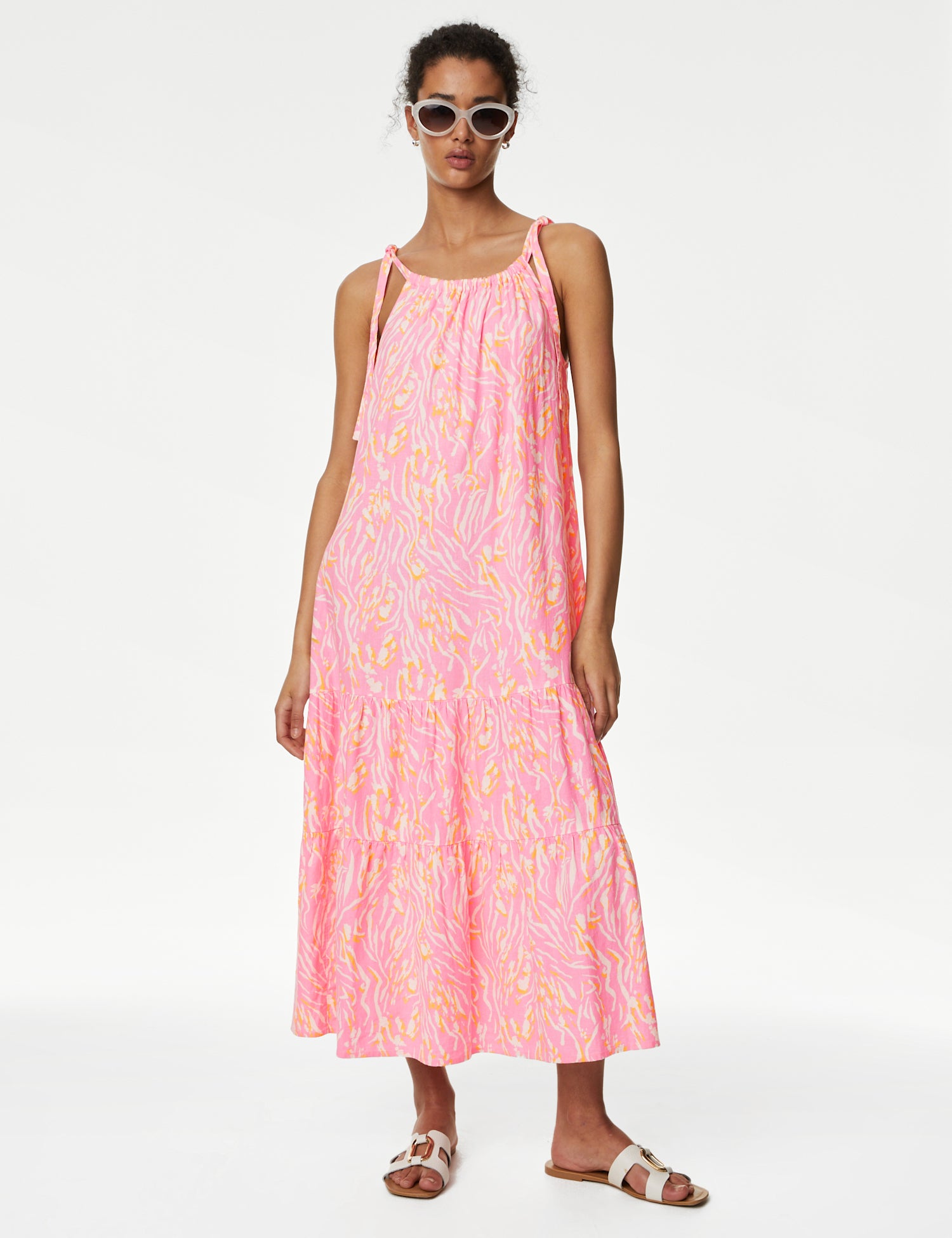 Linen Blend Animal Print Maxi Tiered Dress