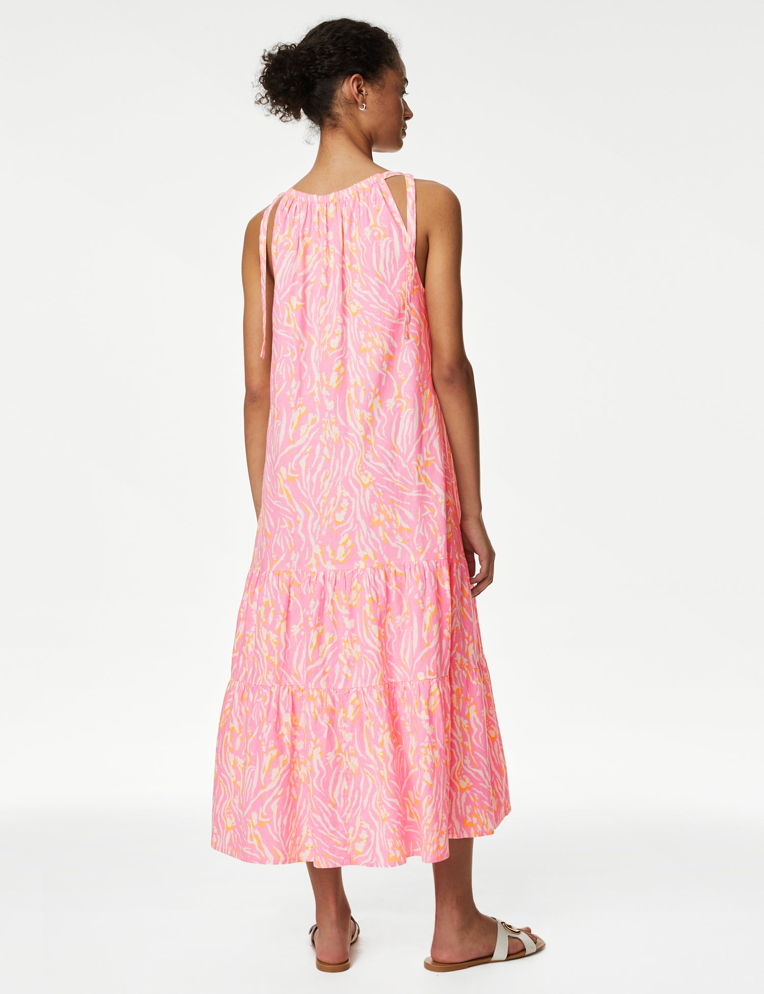 Linen Blend Animal Print Maxi Tiered Dress