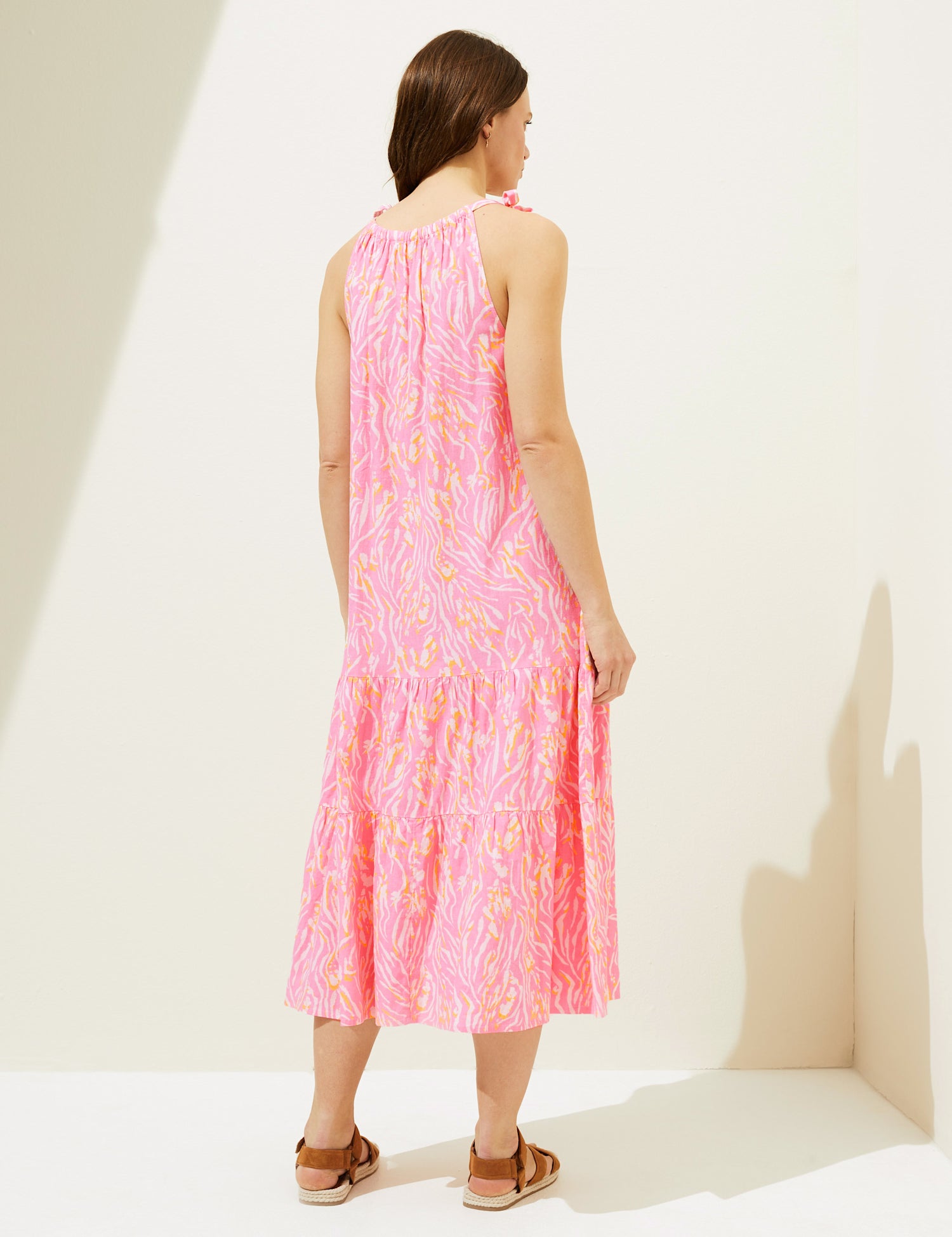 Linen Blend Animal Print Maxi Tiered Dress