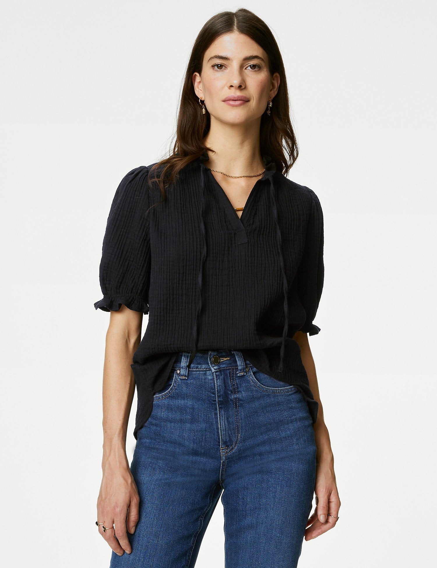 Pure Cotton Textured Notch Neck Blouse