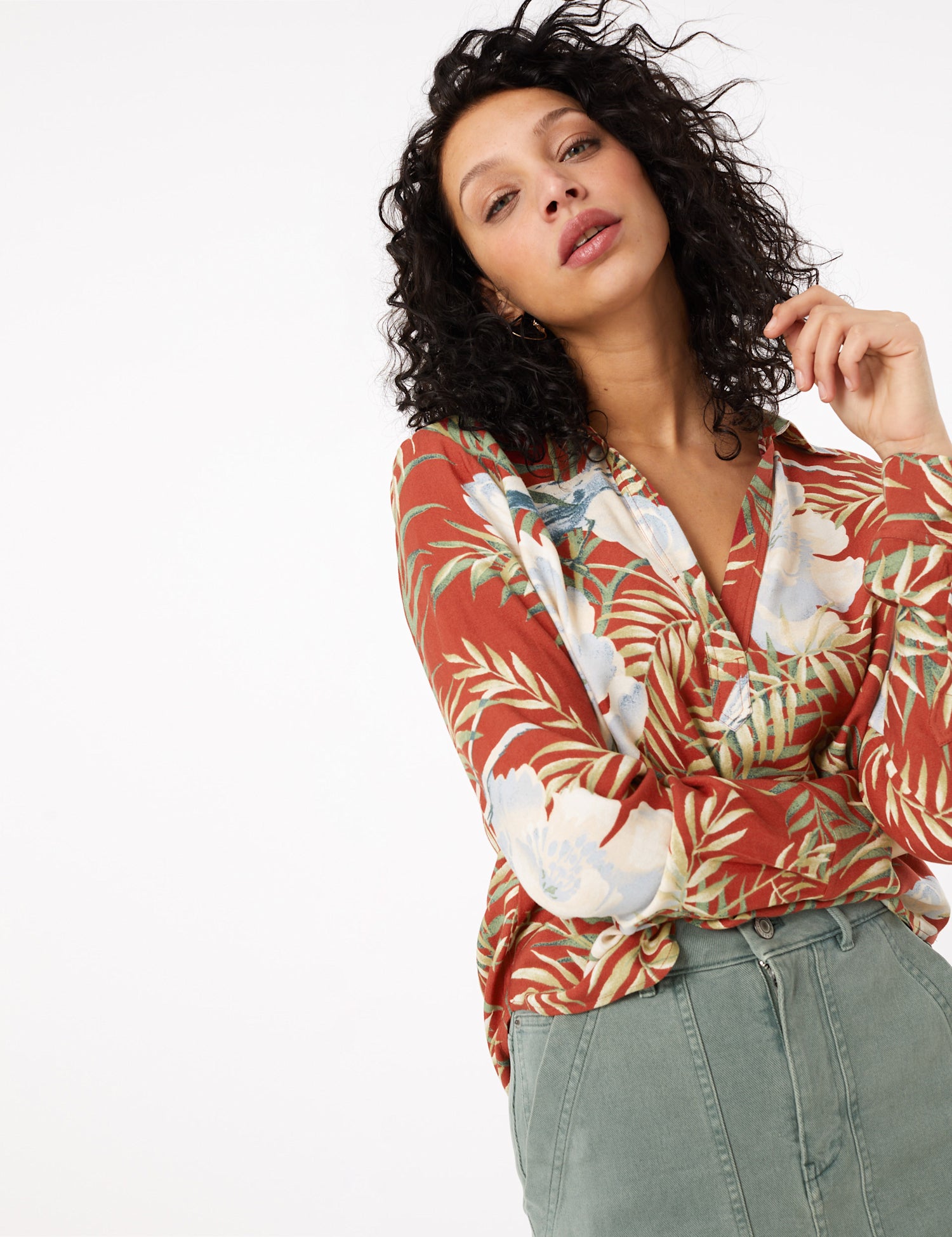 Printed Button Detail Long Sleeve Shirt