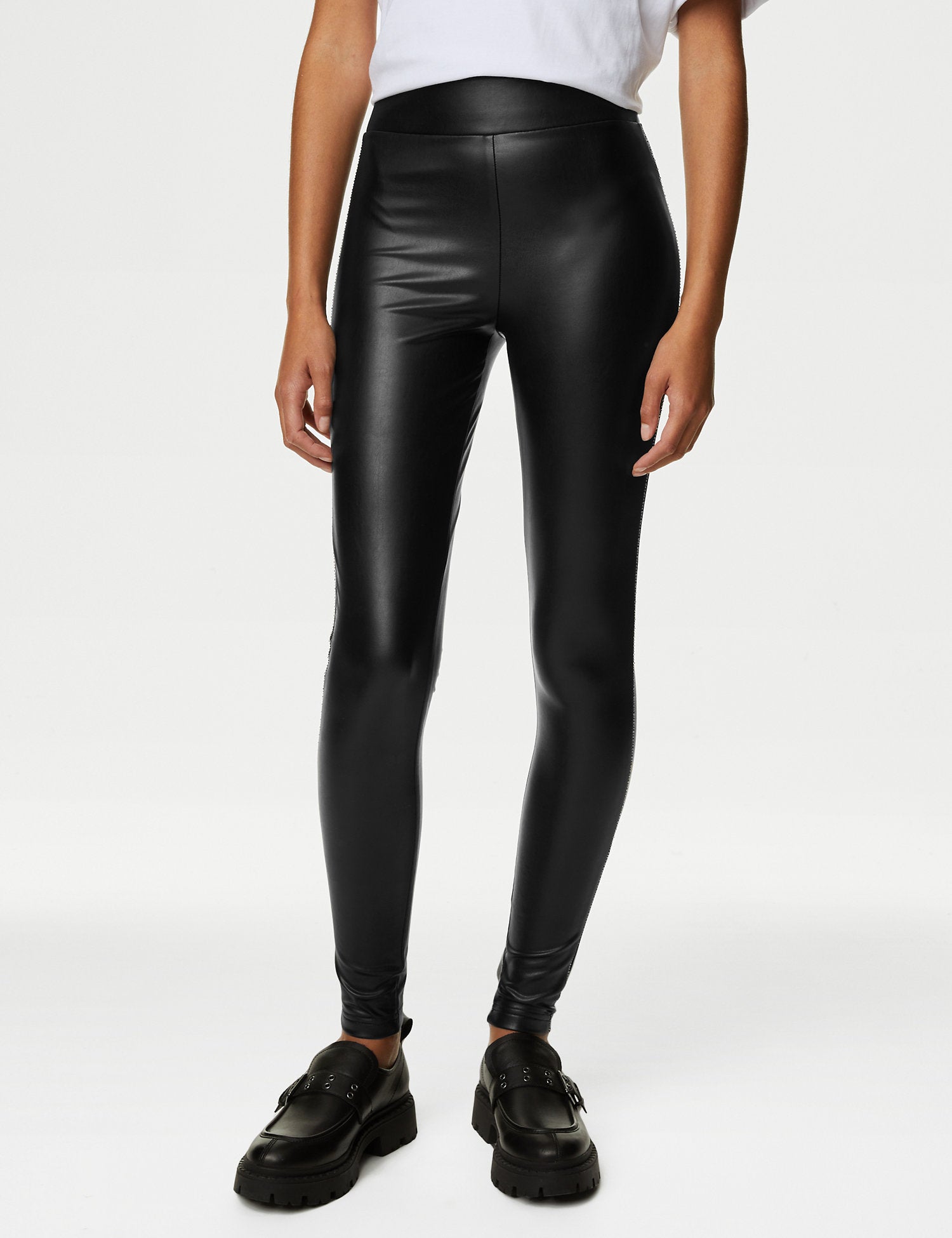 Leather Look Sparkly Side Stripe Leggings