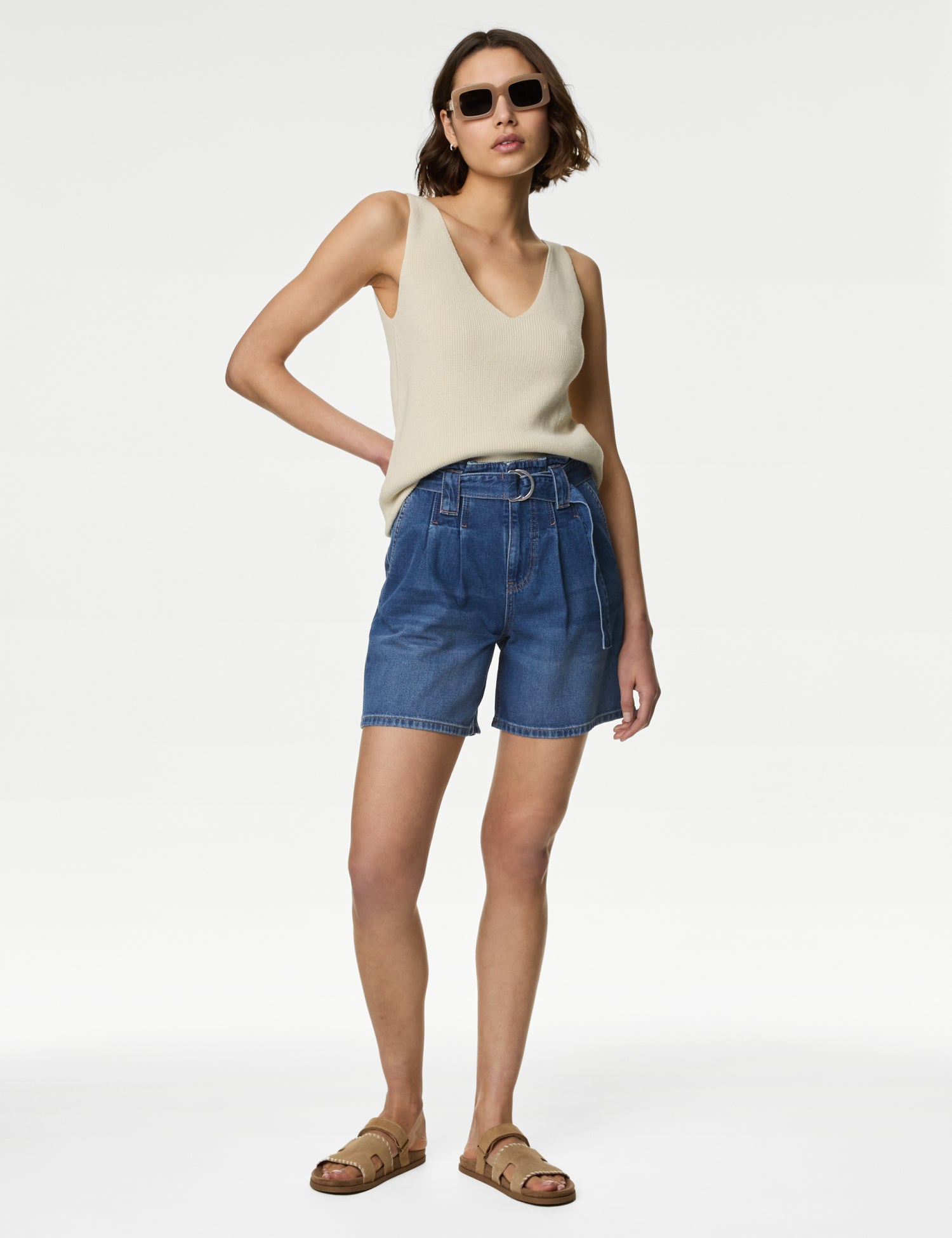 Denim Pleat Front Belted Shorts