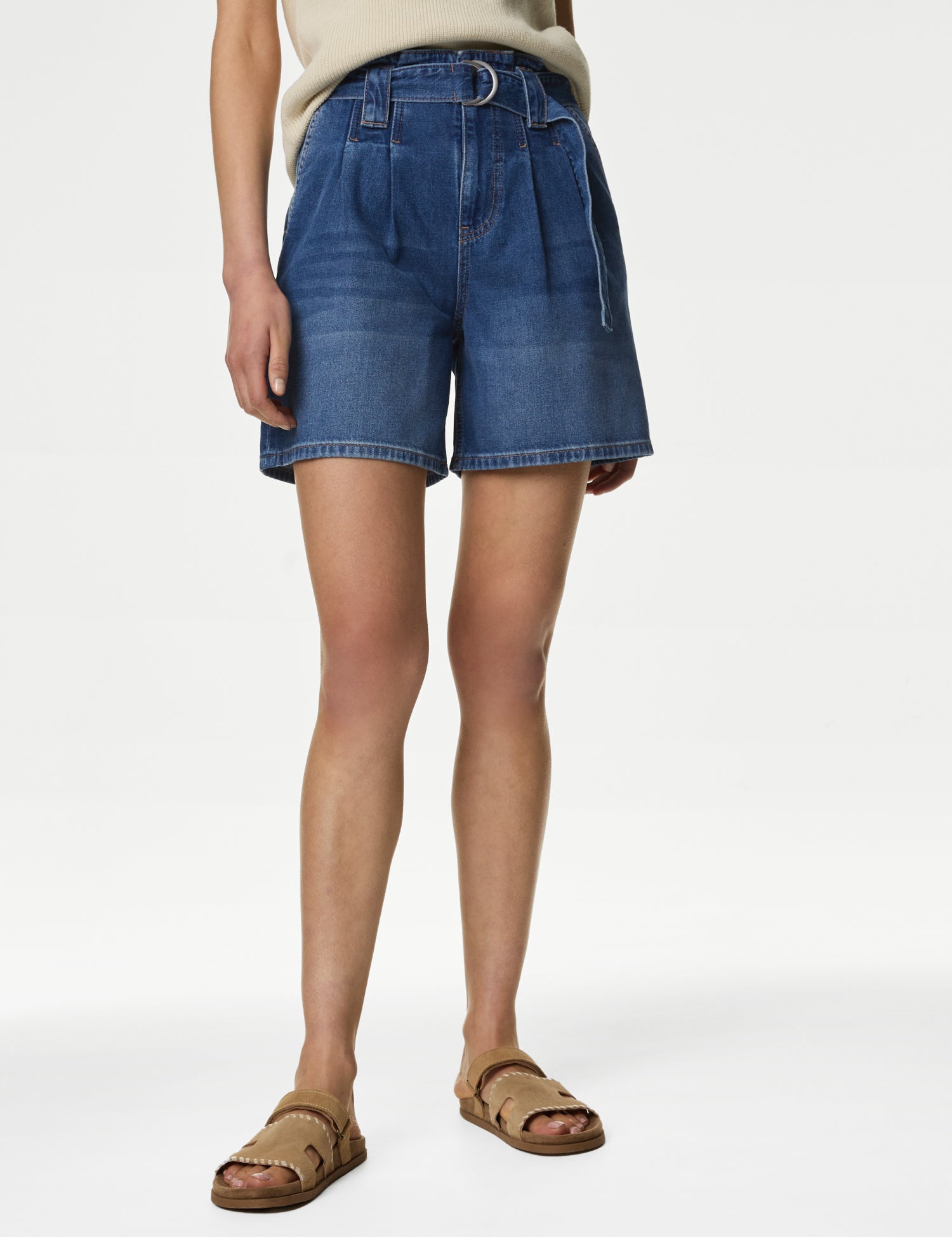 Denim Pleat Front Belted Shorts