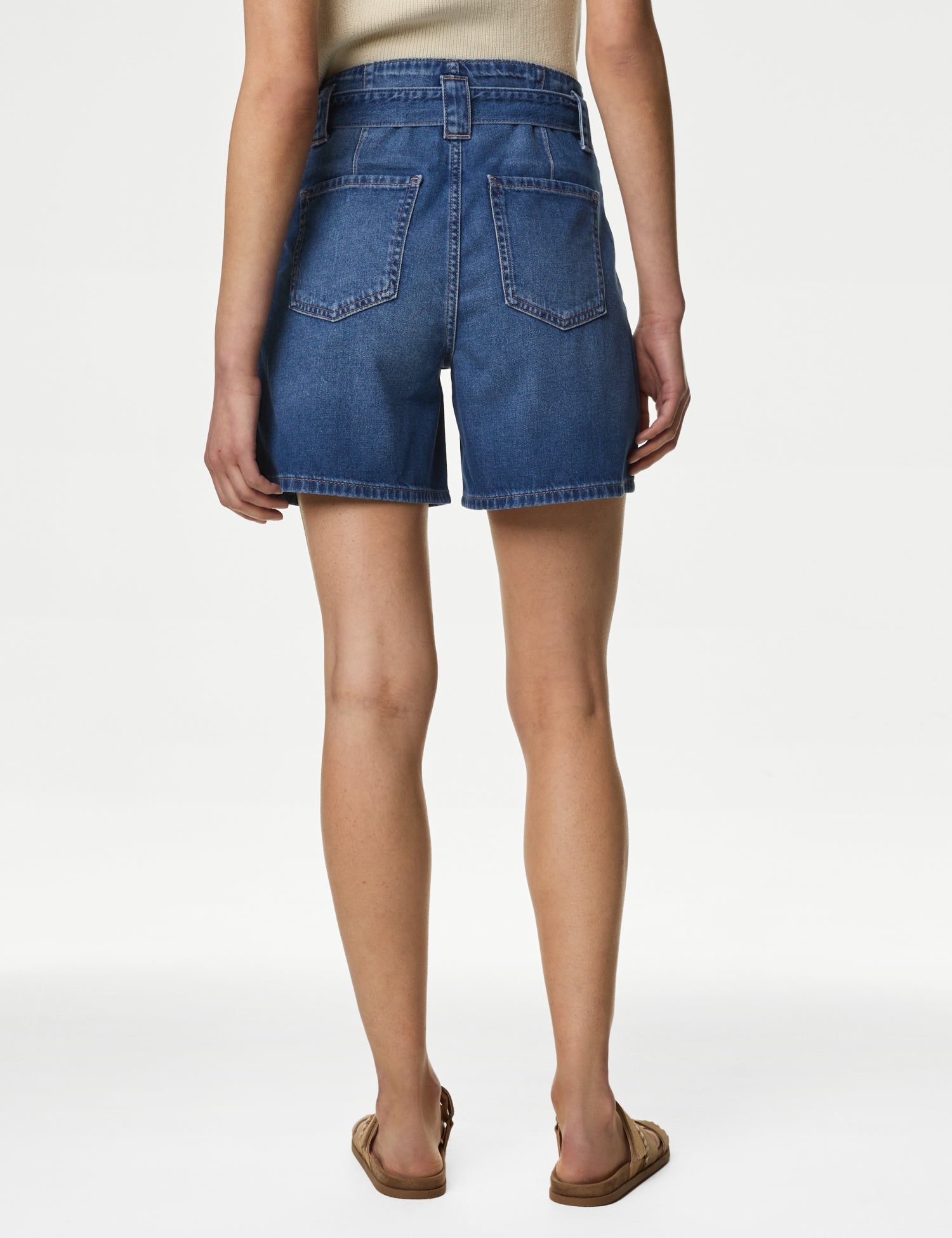 Denim Pleat Front Belted Shorts