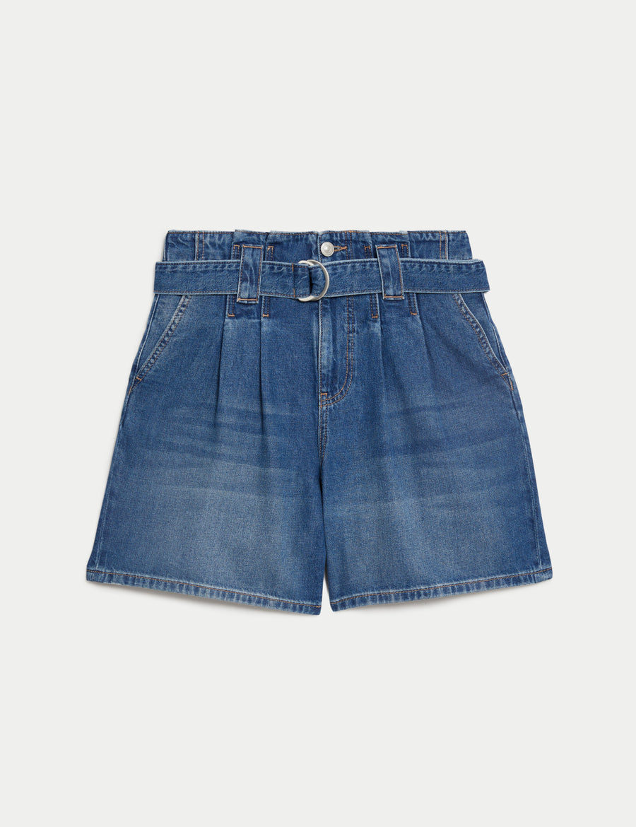 Denim Pleat Front Belted Shorts