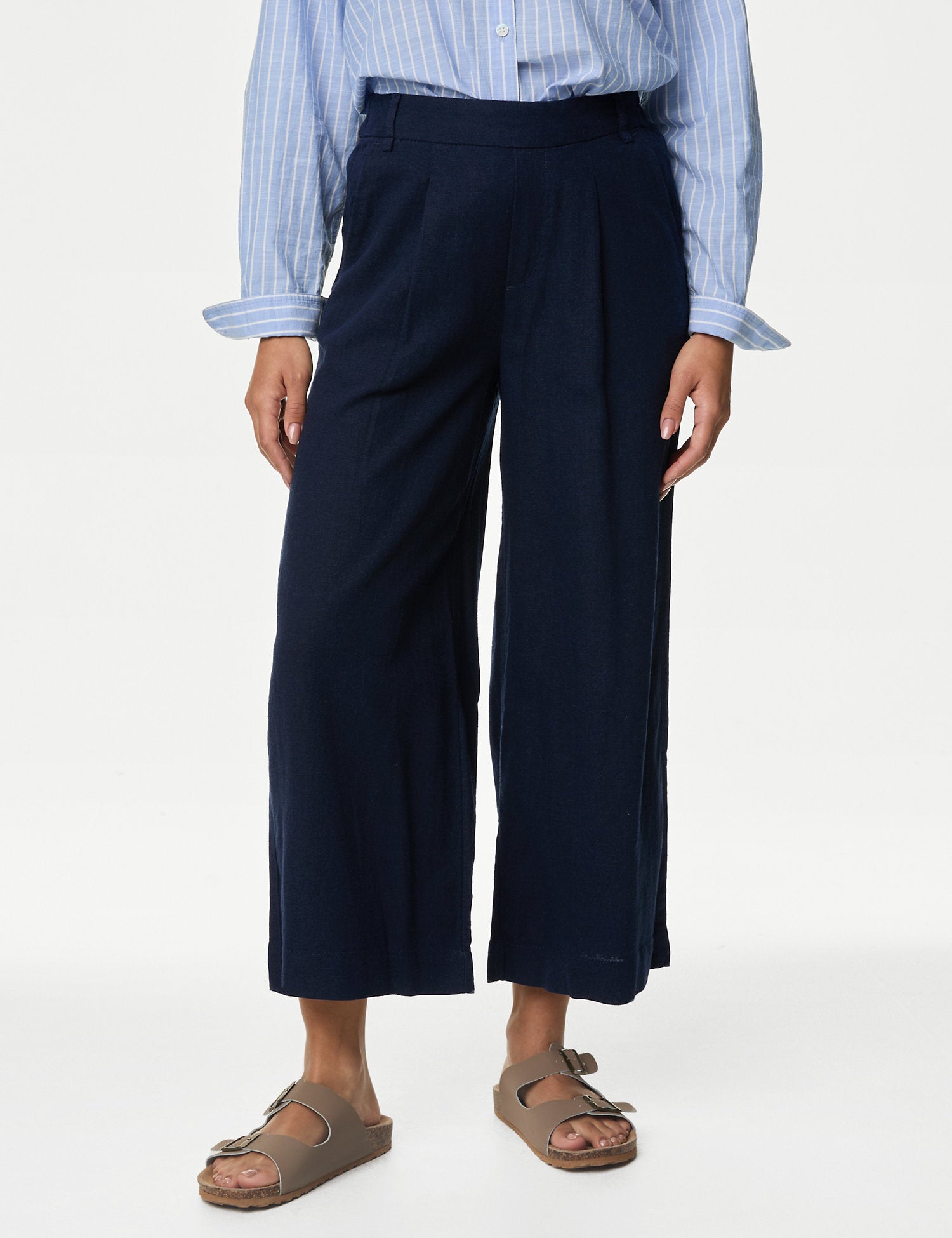 Linen Rich Wide Leg Cropped Trousers