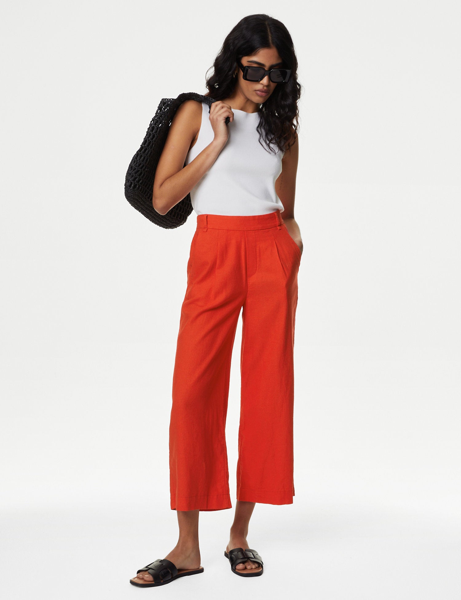 Linen Rich Wide Leg Cropped Trousers