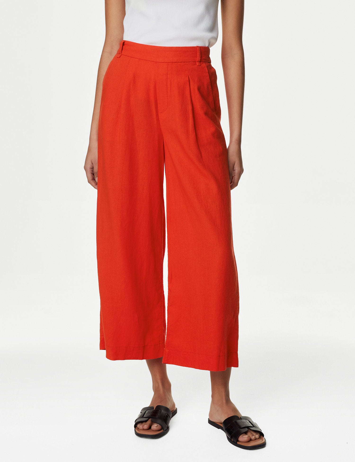 Linen Rich Wide Leg Cropped Trousers