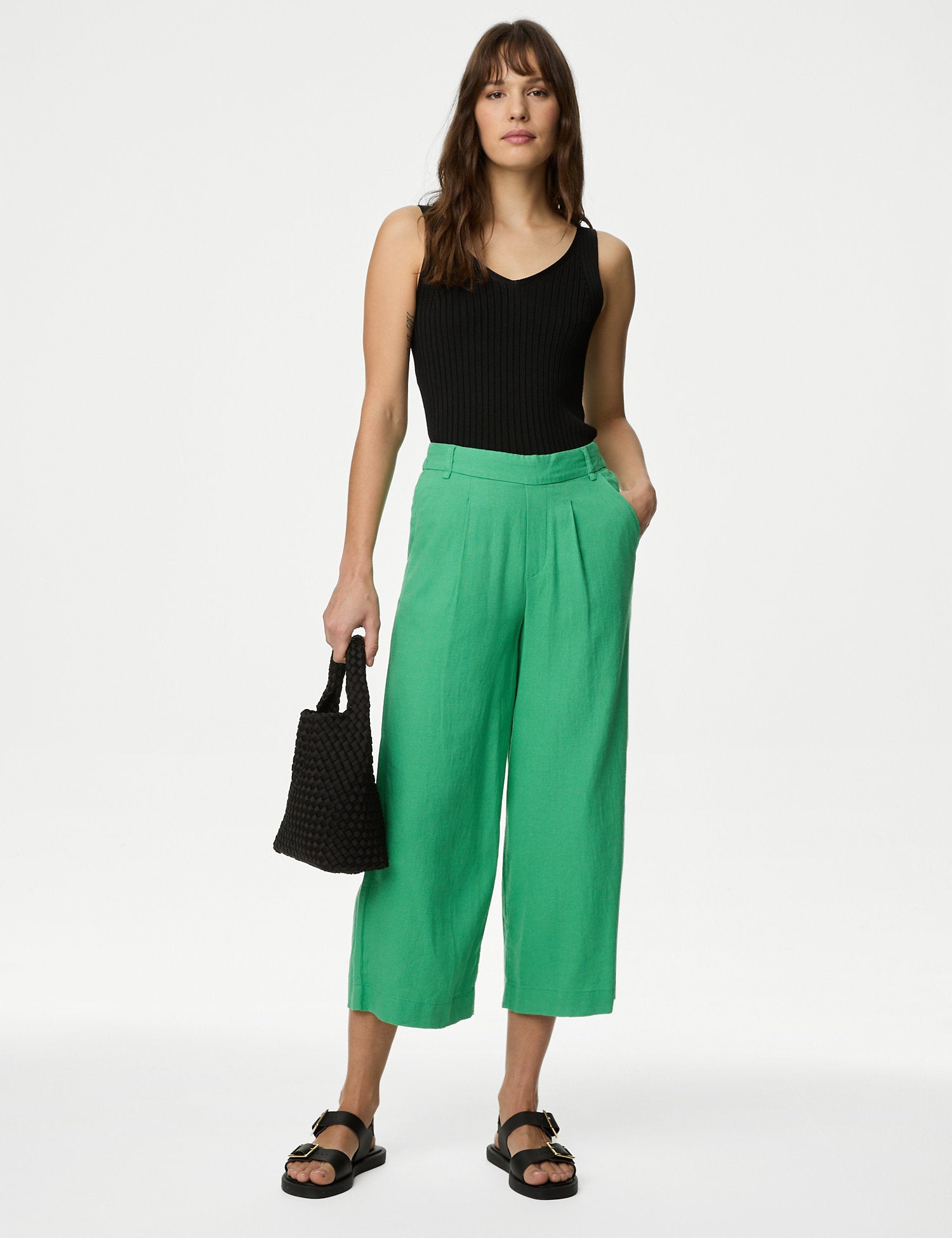 Linen Rich Wide Leg Cropped Trousers