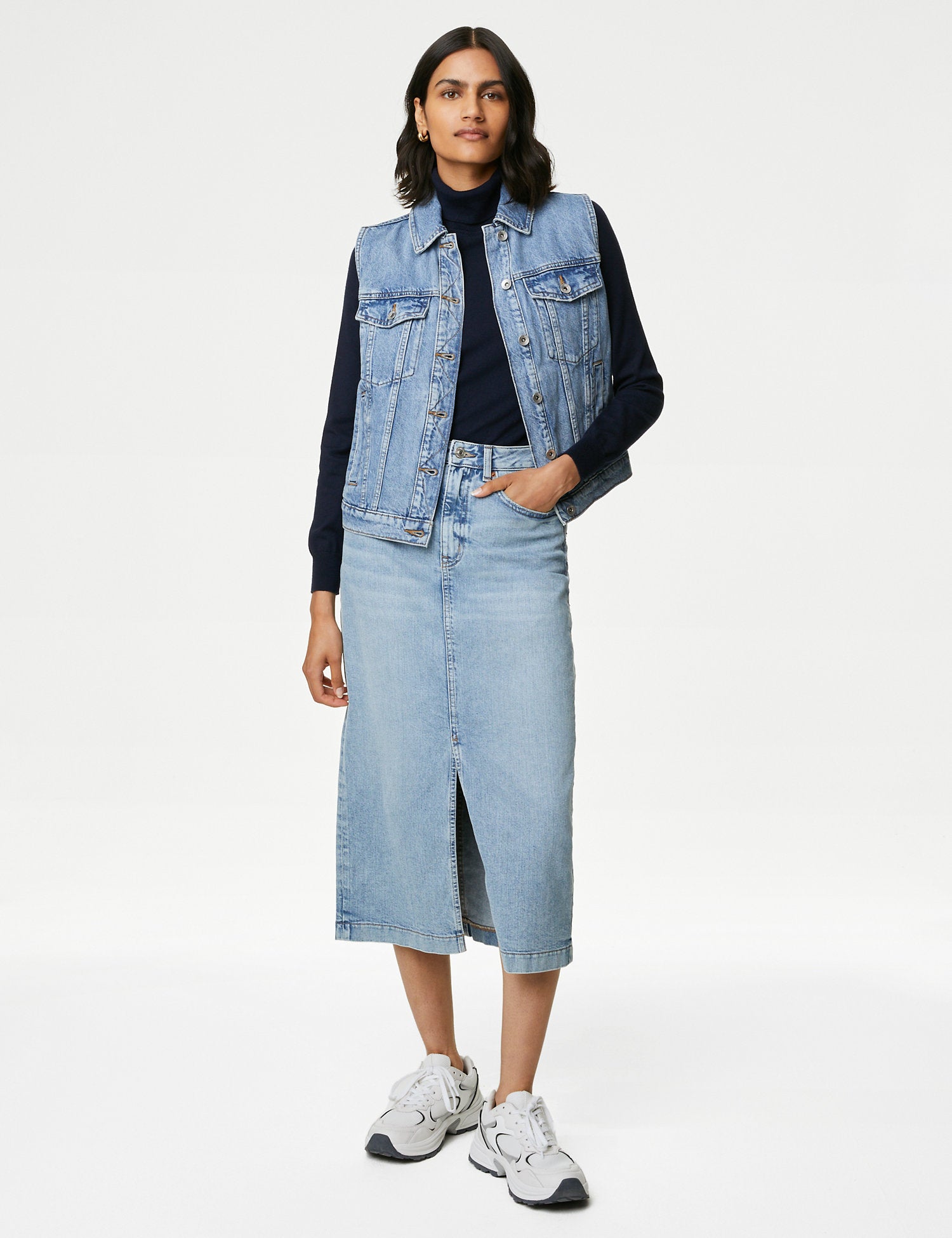 Denim Split Front Midi Skirt