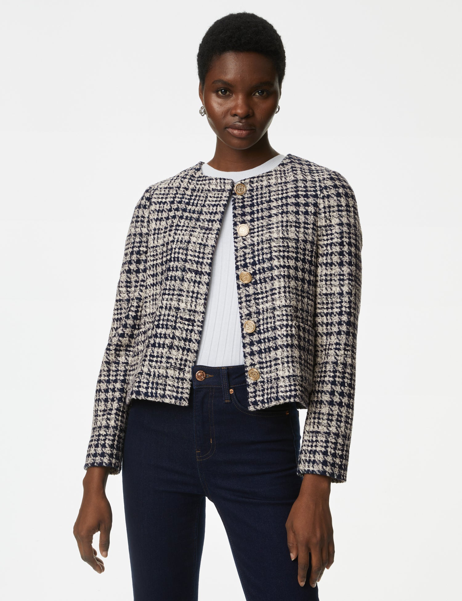 Tweed Checked Collarless Short Jacket