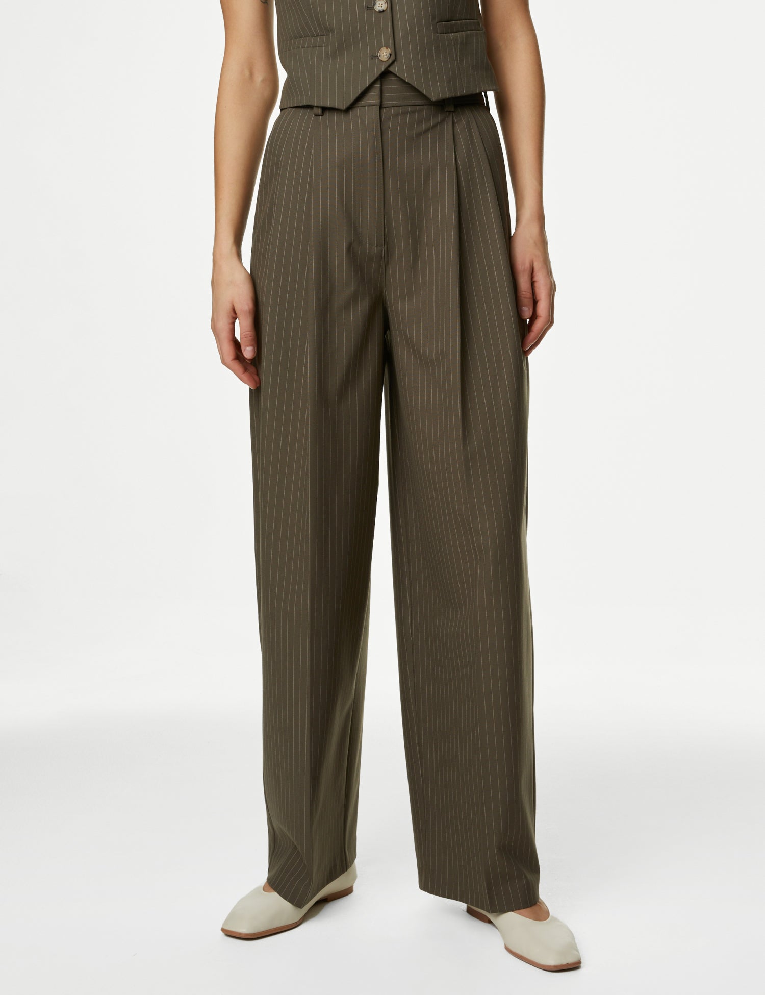 Pinstripe Pleat Front Wide Leg Trousers