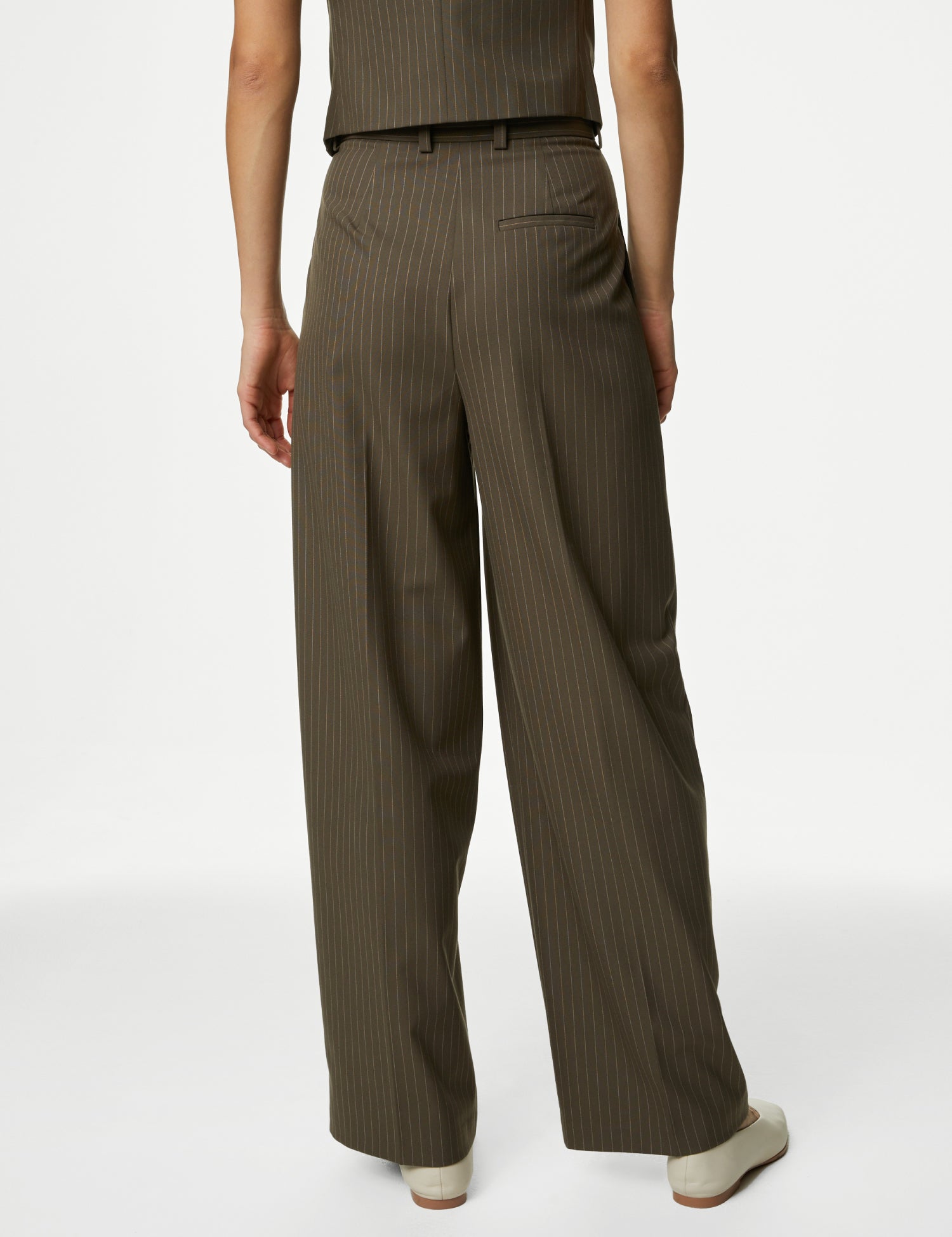 Pinstripe Pleat Front Wide Leg Trousers