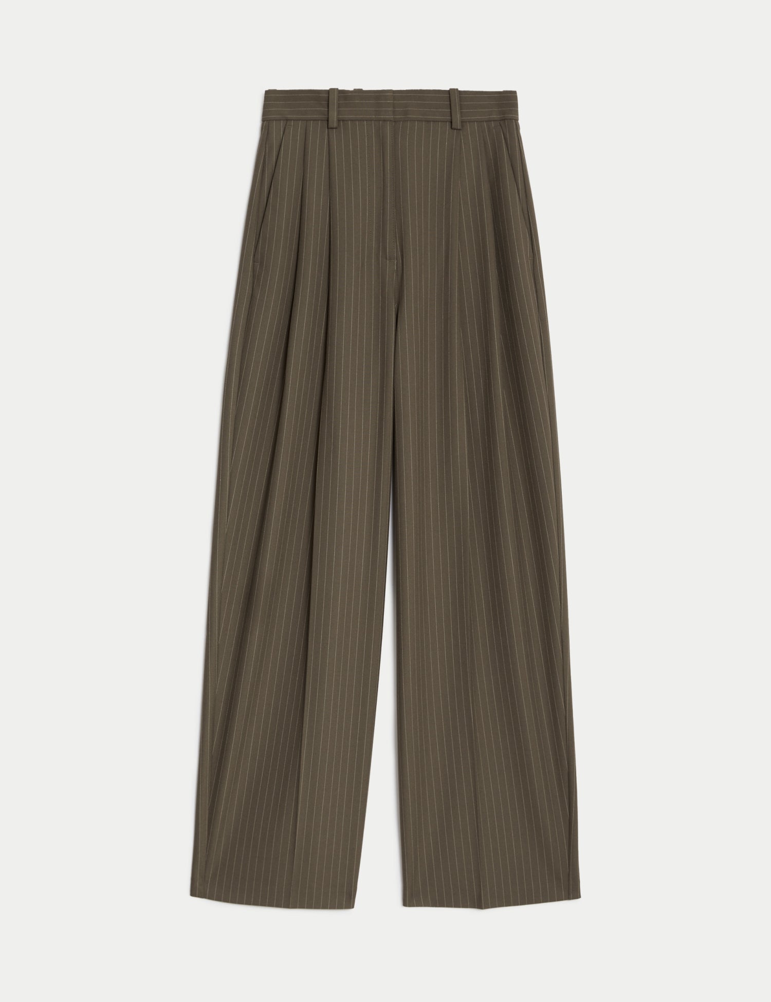 Pinstripe Pleat Front Wide Leg Trousers