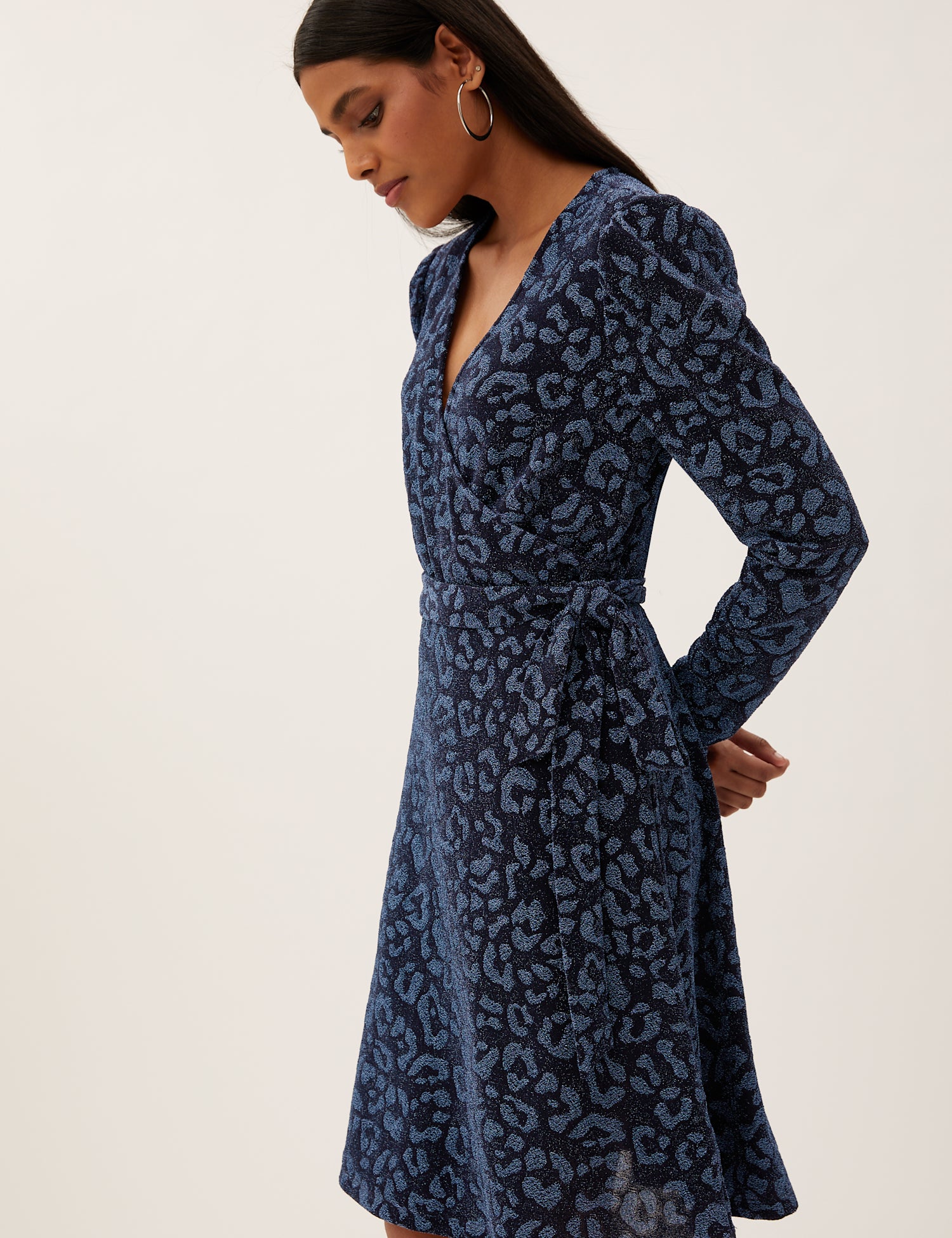 Animal Print V-Neck Knee Length Wrap Dress