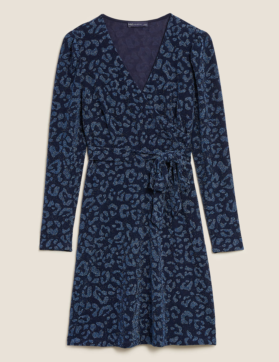 Animal Print V-Neck Knee Length Wrap Dress