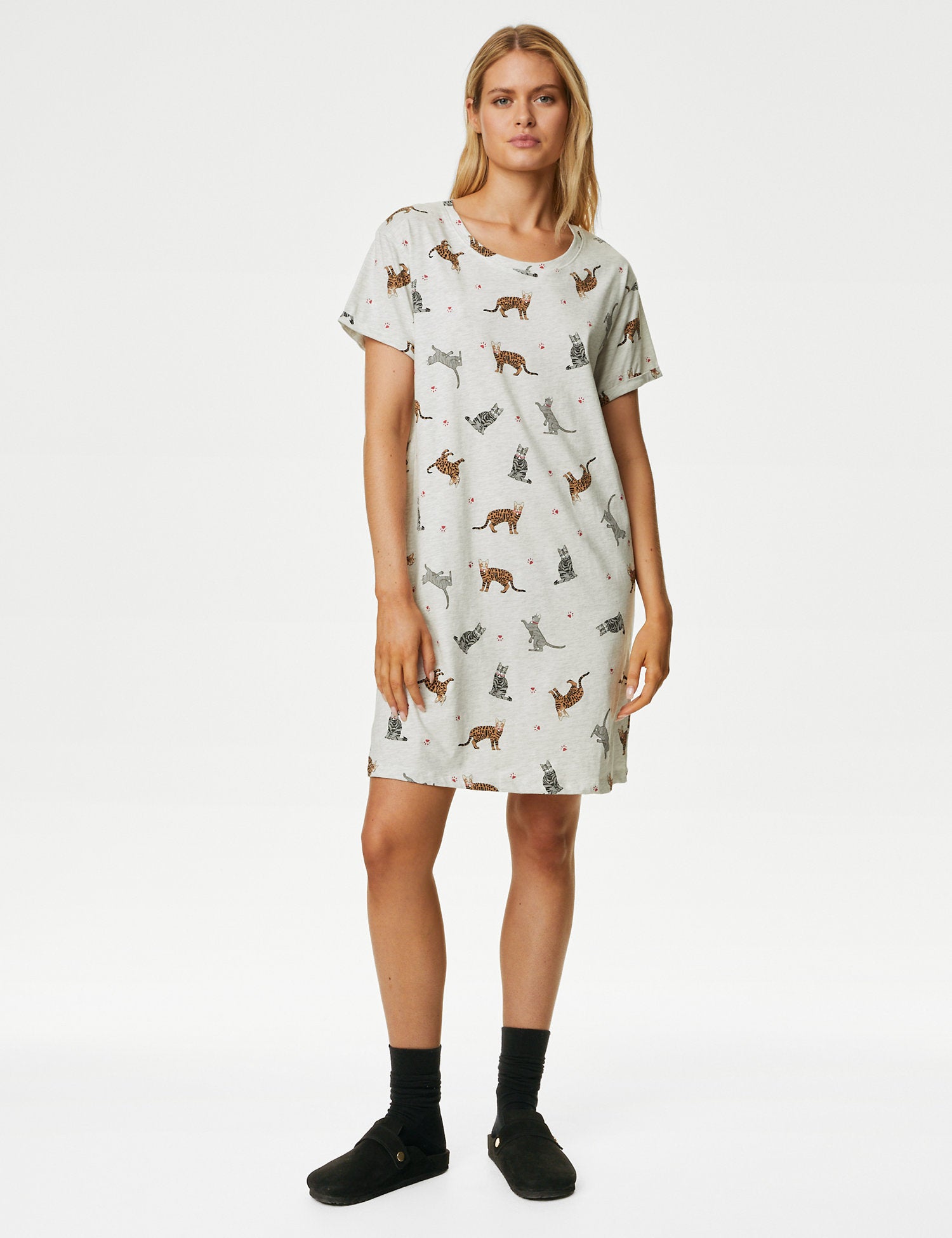 Cotton Rich Cat Print Short Nightdress